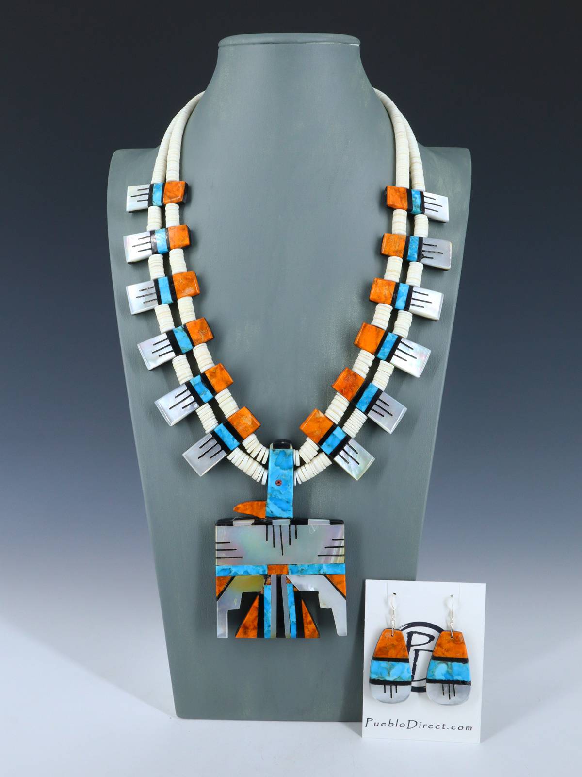 Santo Domingo White Shell Thunderbird Mosaic Necklace Set - PuebloDirect.com