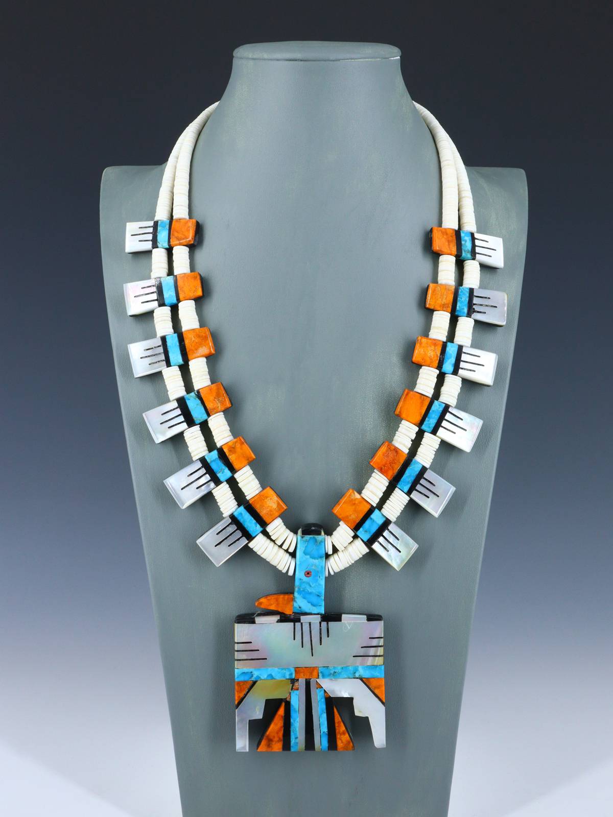 Santo Domingo White Shell Thunderbird Mosaic Necklace Set - PuebloDirect.com