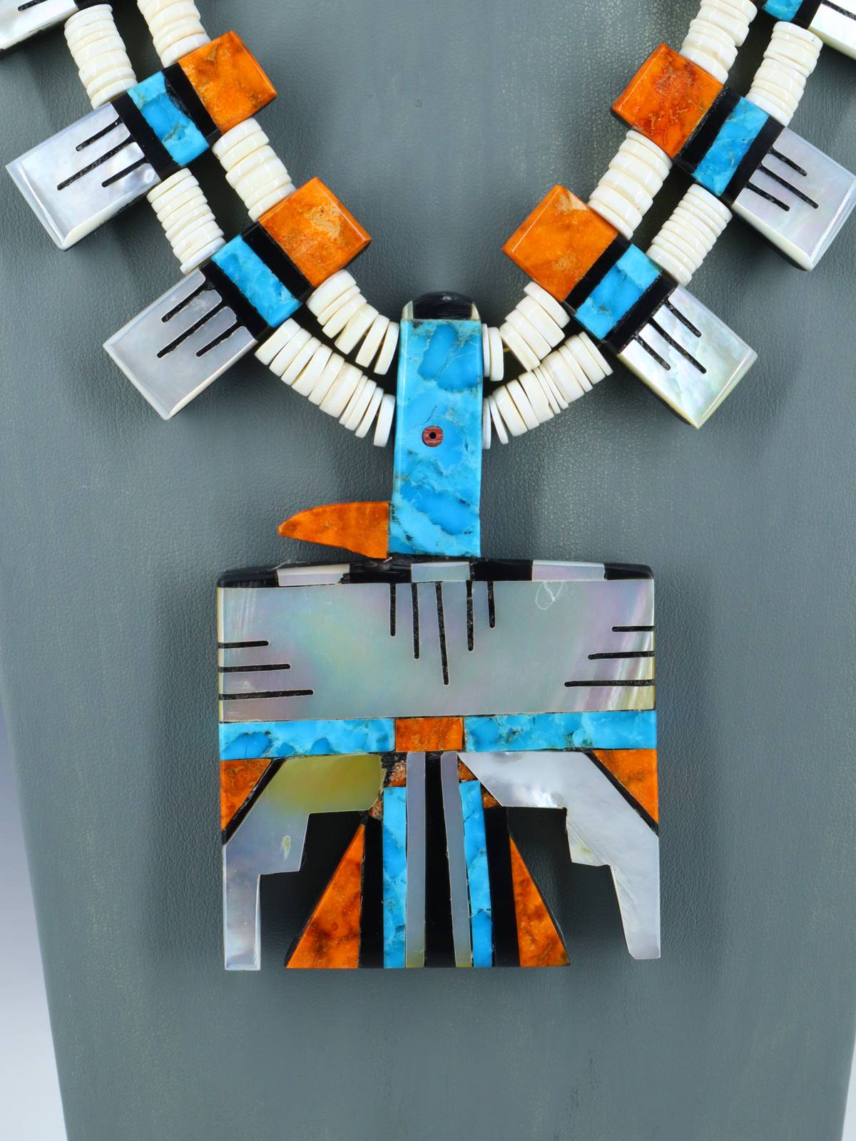 Santo Domingo White Shell Thunderbird Mosaic Necklace Set - PuebloDirect.com