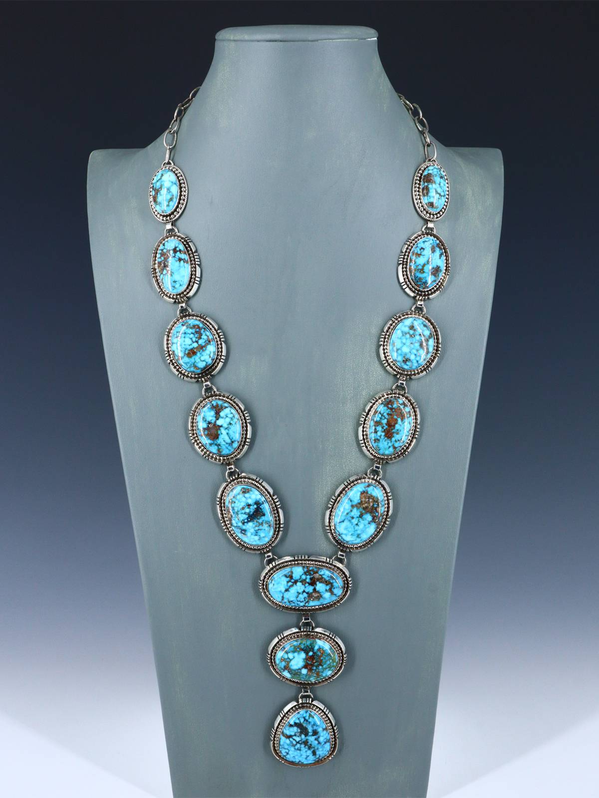 Native American Jewelry Sterling Silver Kingman Turquoise Lariat Necklace - PuebloDirect.com