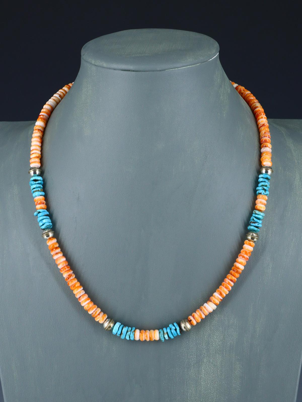 Native American Jewelry Single Strand Turquoise and Spiny Oyster Necklace - PuebloDirect.com