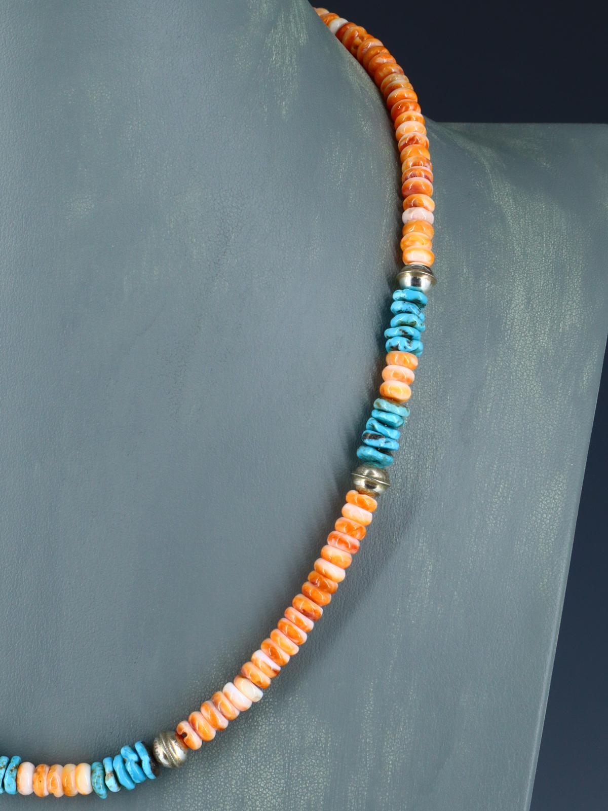 Native American Jewelry Single Strand Turquoise and Spiny Oyster Necklace - PuebloDirect.com