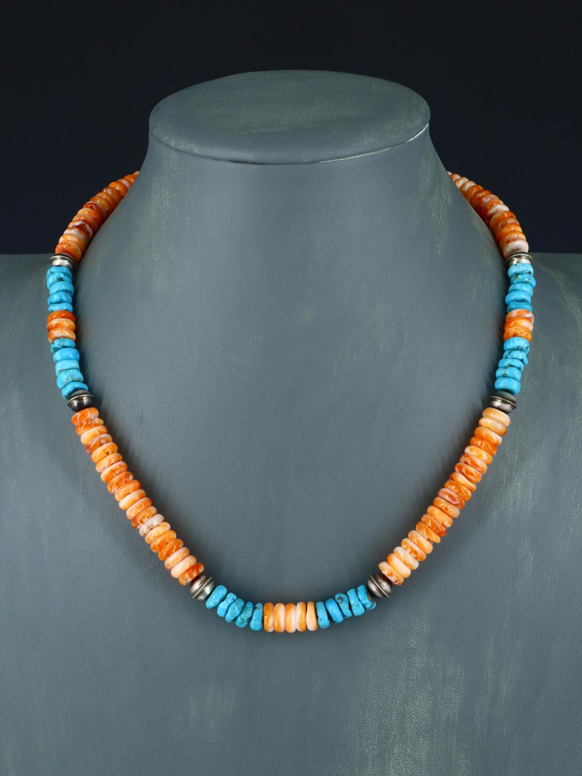 Native American Jewelry Single Strand Turquoise and Spiny Oyster Necklace - PuebloDirect.com