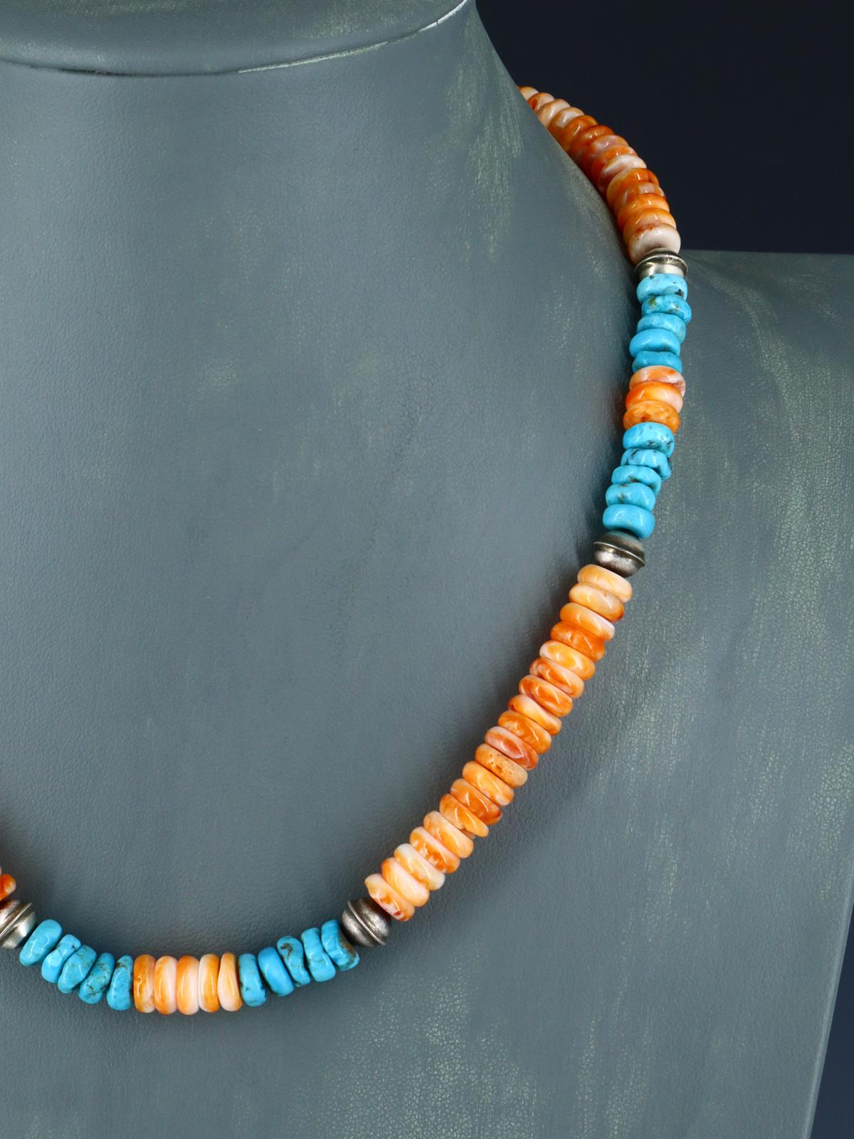 Native American Jewelry Single Strand Turquoise and Spiny Oyster Necklace - PuebloDirect.com