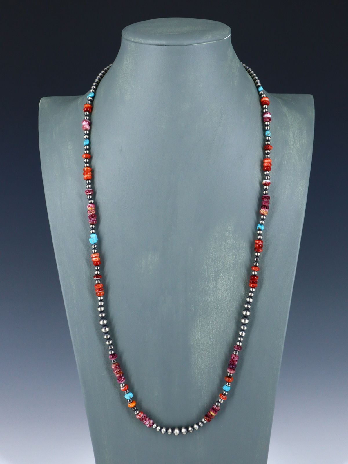 Native American Turquoise, Spiny Oyster and Silver Bead Necklace - PuebloDirect.com
