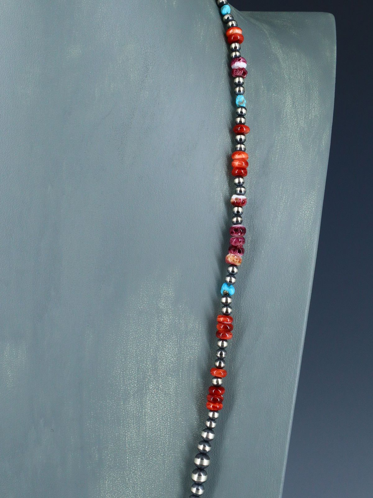Native American Turquoise, Spiny Oyster and Silver Bead Necklace - PuebloDirect.com