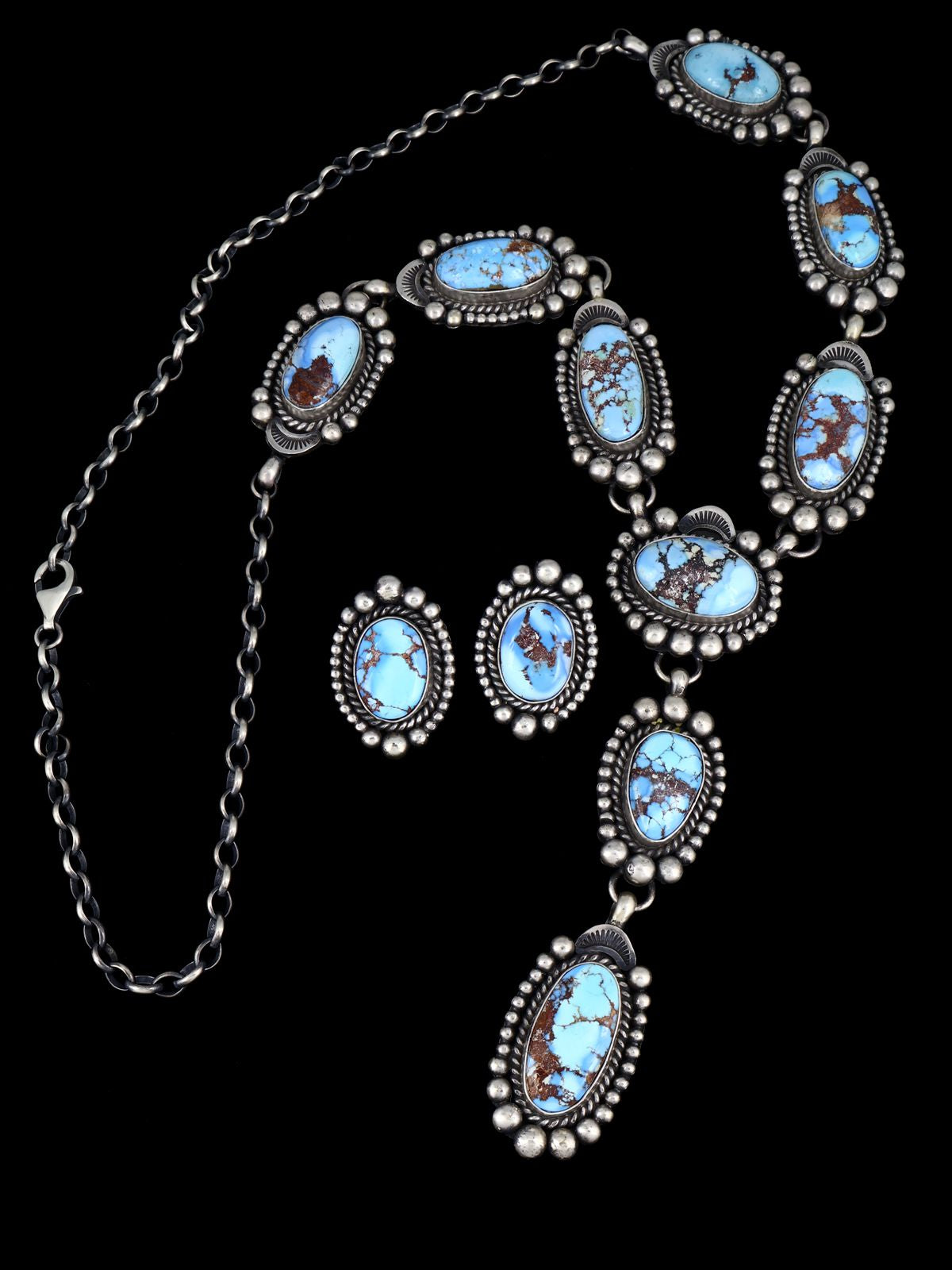 Native American Sterling Silver Golden Hill Turquoise Lariat Necklace Set - PuebloDirect.com