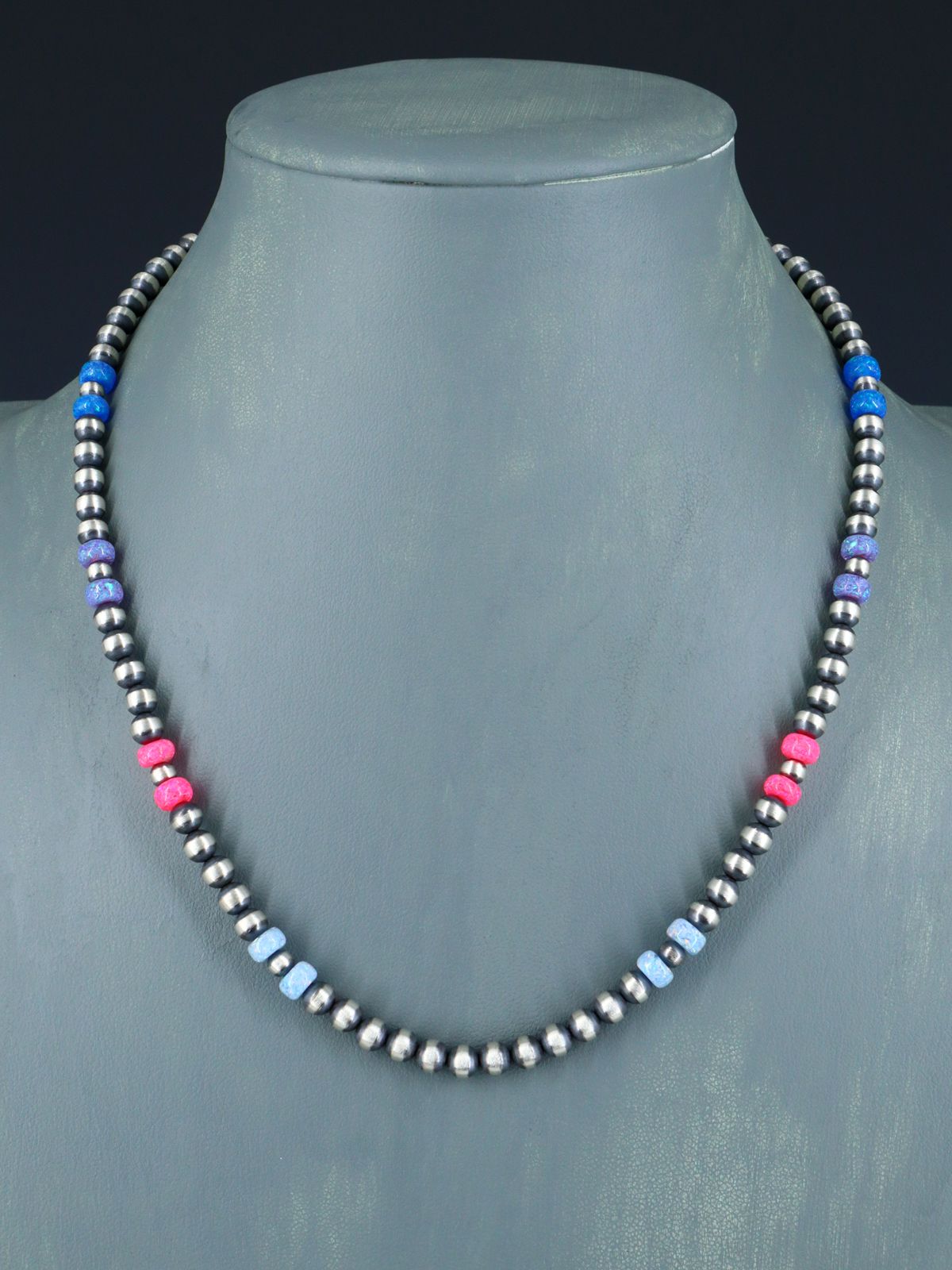 18" Native American Opalite and Silver Bead Necklace - PuebloDirect.com