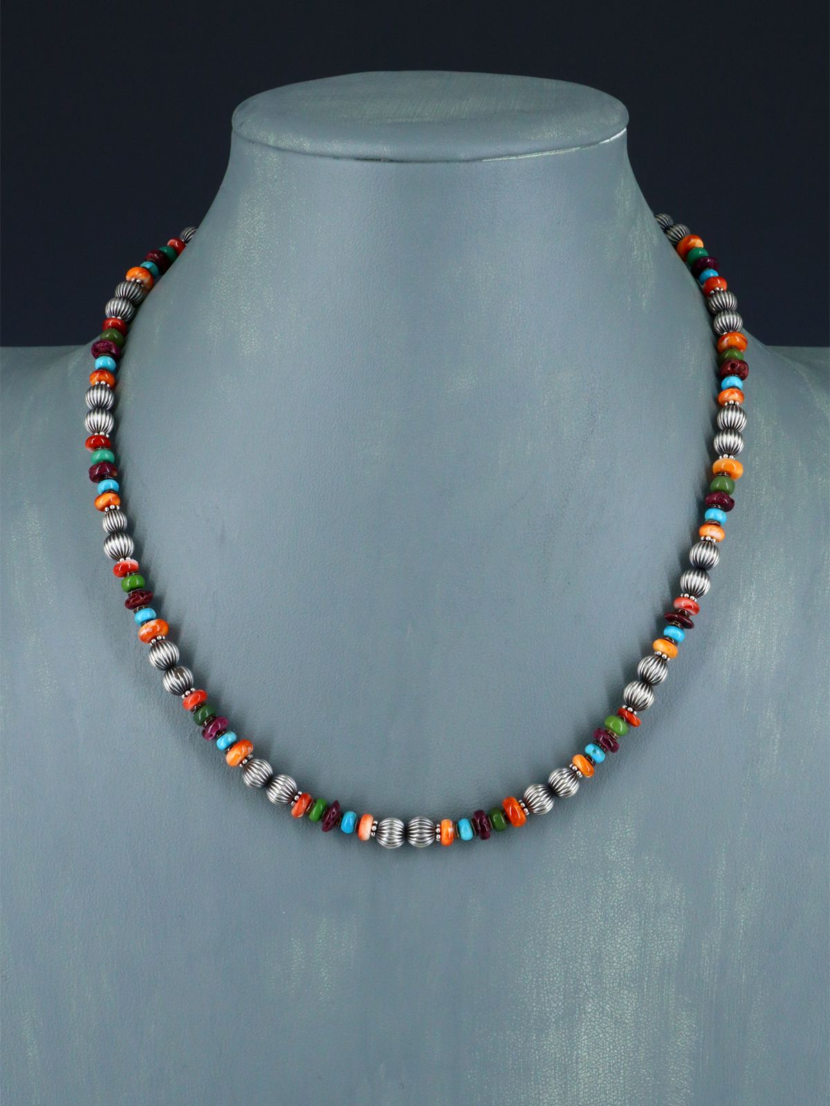 Native American Spiny Oyster and Turquoise Silver Beaded Necklace - PuebloDirect.com