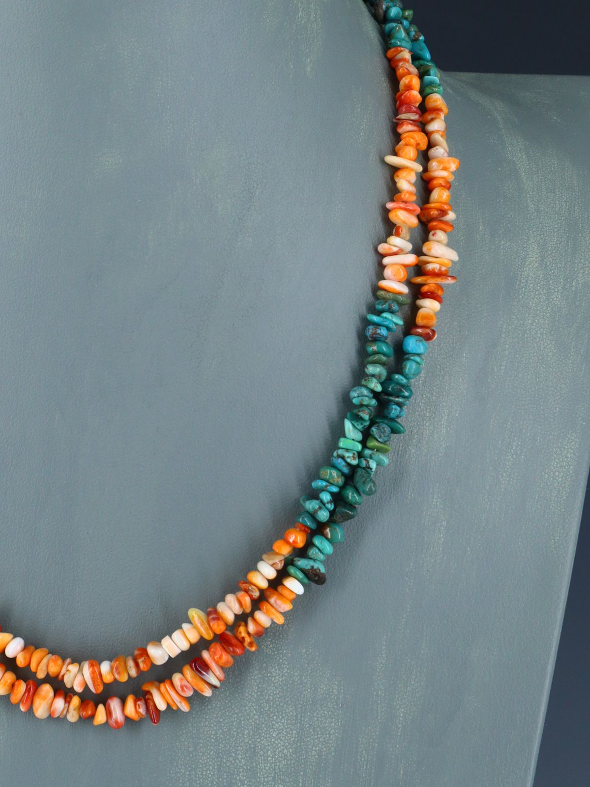 19" Native American Two Strand Turquoise and Spiny Oyster Necklace - PuebloDirect.com