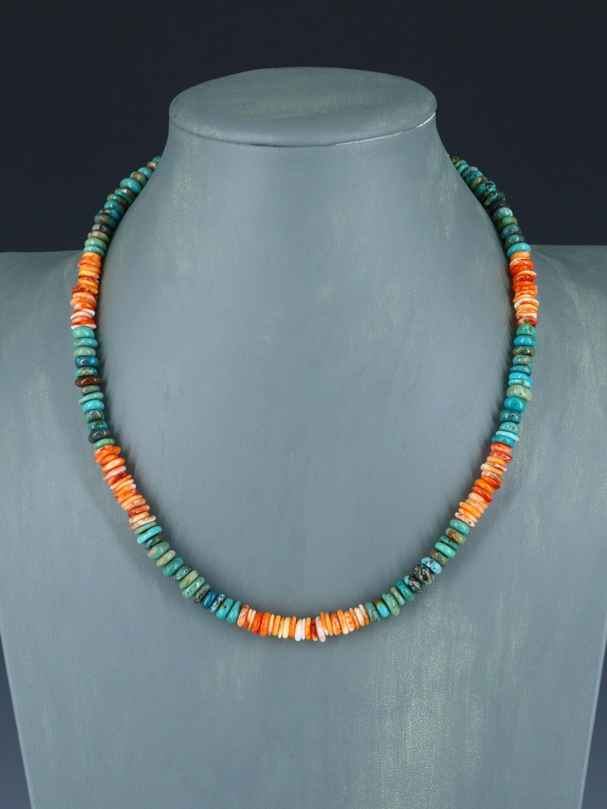 19" Native American Single Strand Turquoise and Spiny Oyster Necklace - PuebloDirect.com