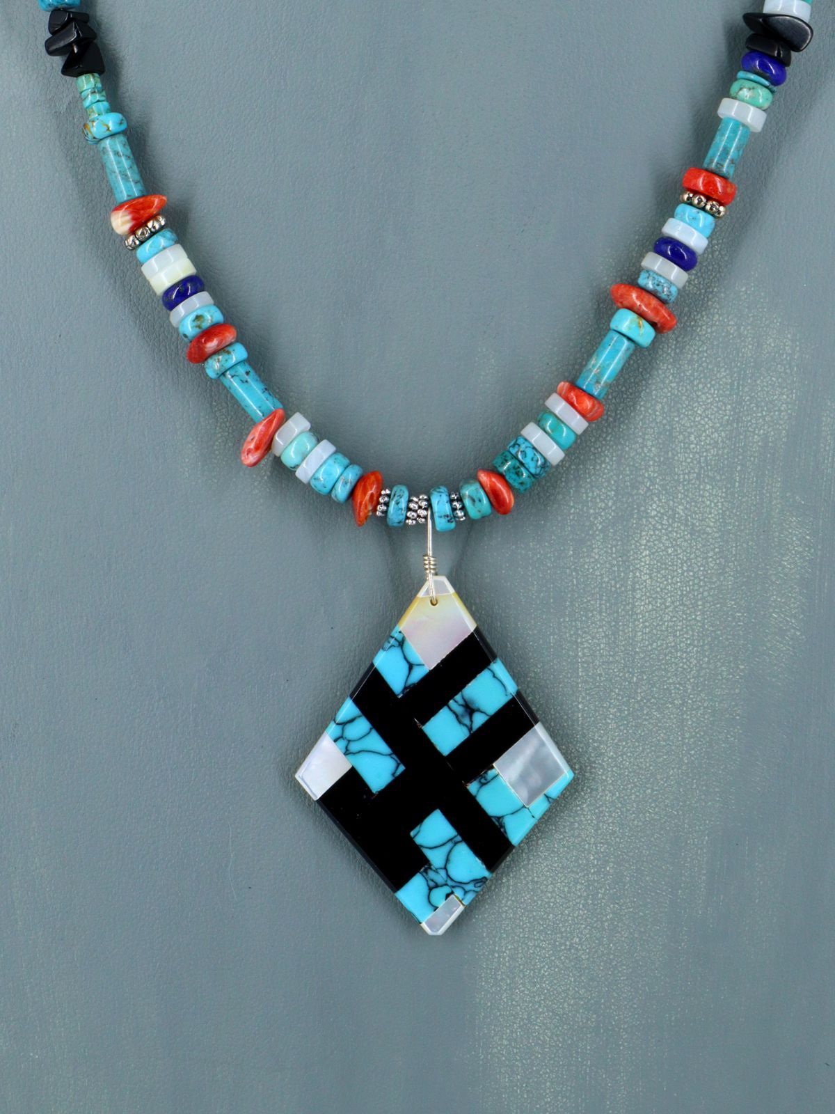 Native American Santo Domingo Turquoise Mosaic Inlay Necklace - PuebloDirect.com