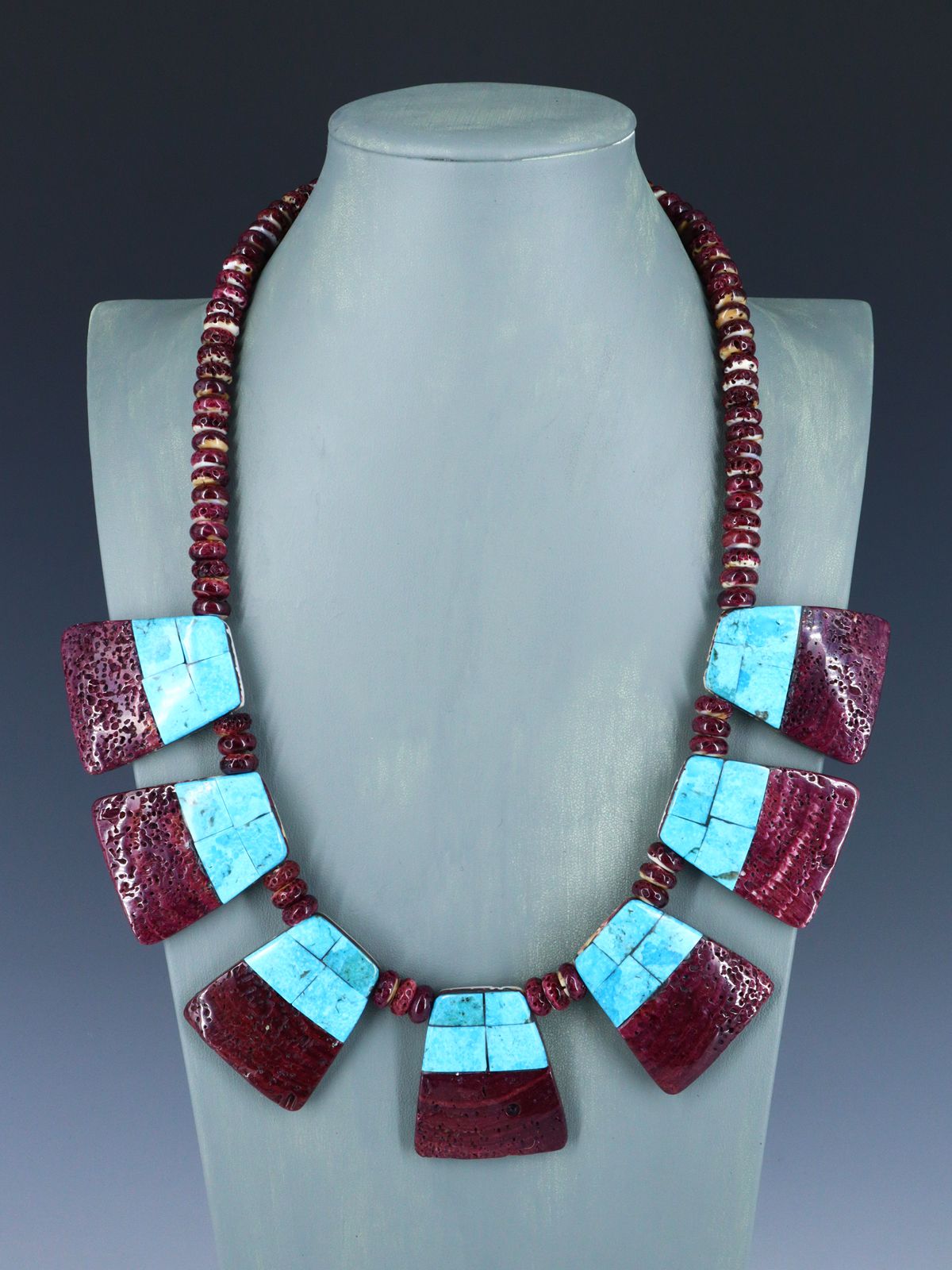 Native American Santo Domingo Spiny Oyster Mosaic Inlay Necklace - PuebloDirect.com