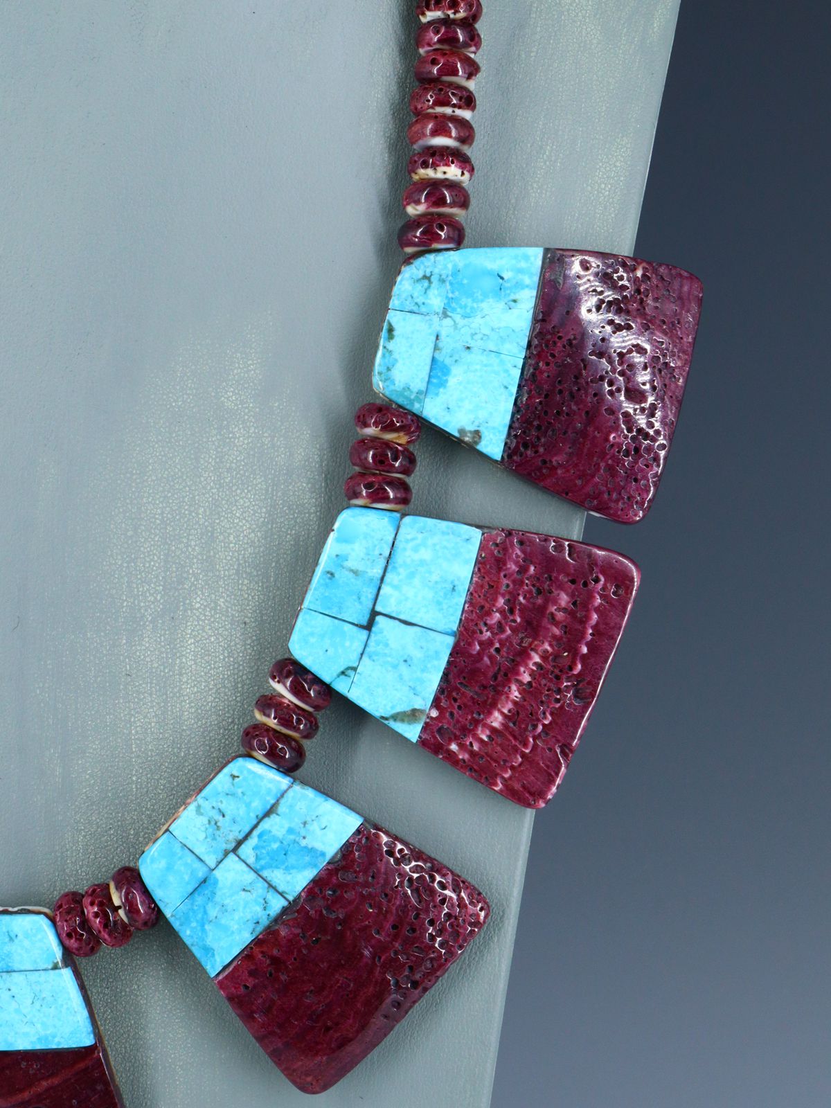 Native American Santo Domingo Spiny Oyster Mosaic Inlay Necklace - PuebloDirect.com