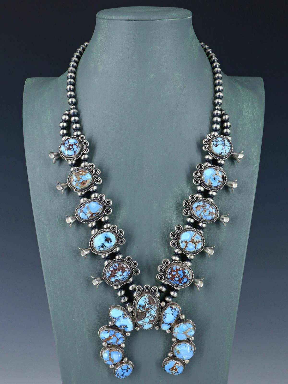 Navajo Sterling Silver Golden Hill Turquoise Squash Blossom Necklace - PuebloDirect.com