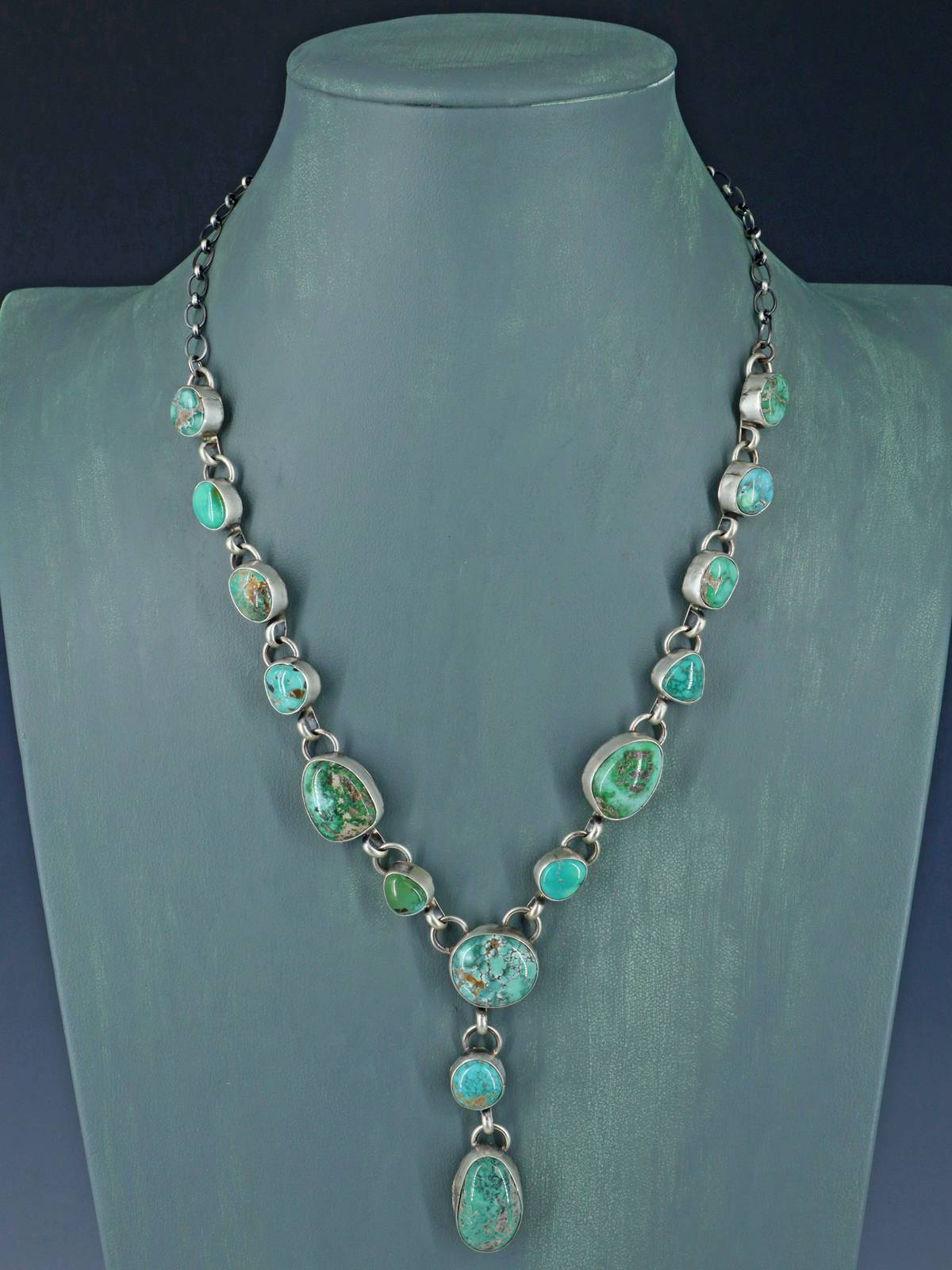 Native American Sterling Silver Carico Turquoise Lariat Necklace - PuebloDirect.com
