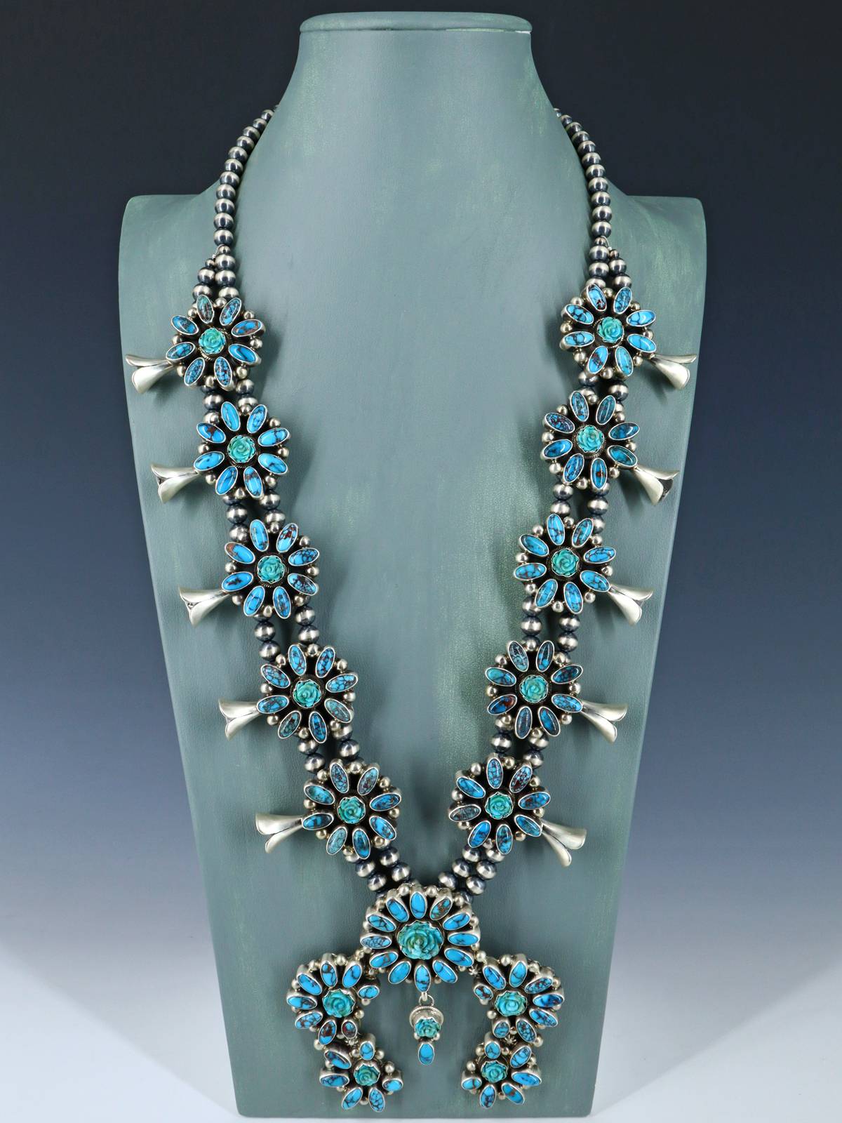 Navajo Jewelry Prince Turquoise and Carved Flower Squash Blossom Necklace