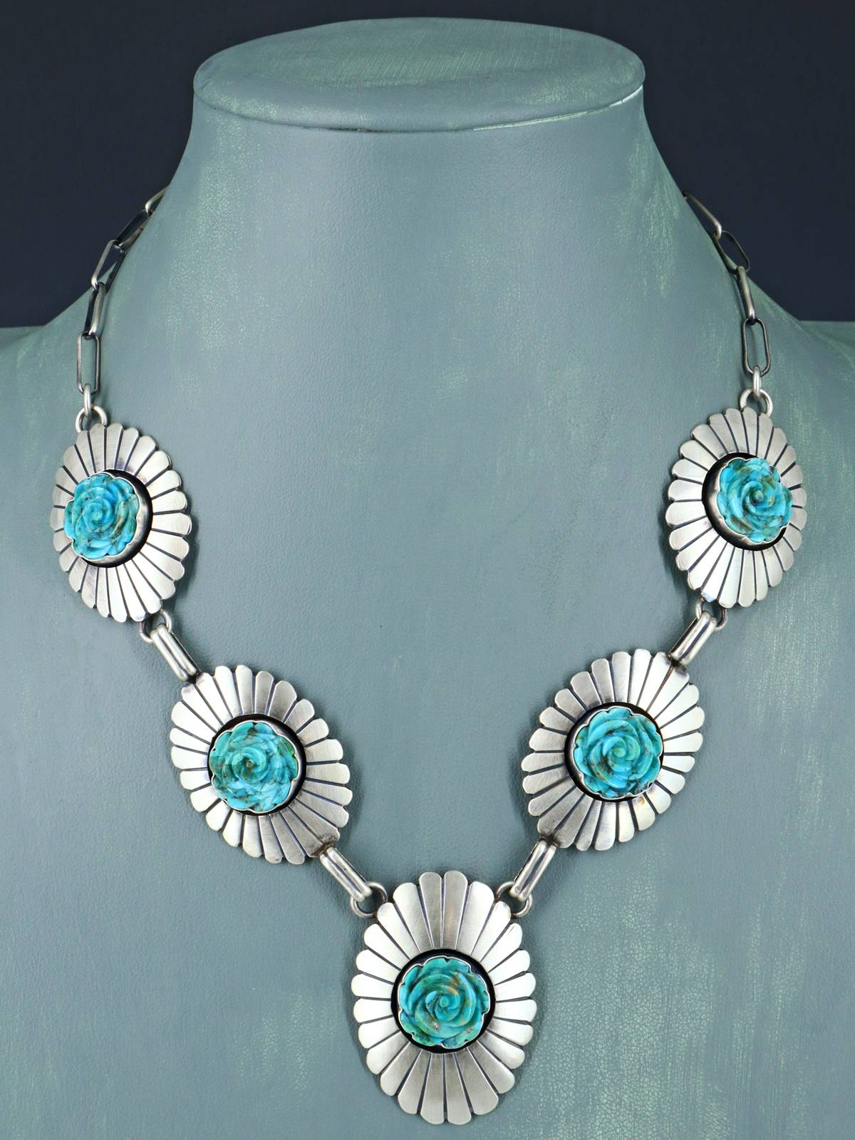 Navajo Jewelry Turquoise Carved Flowers Choker Necklace - PuebloDirect.com