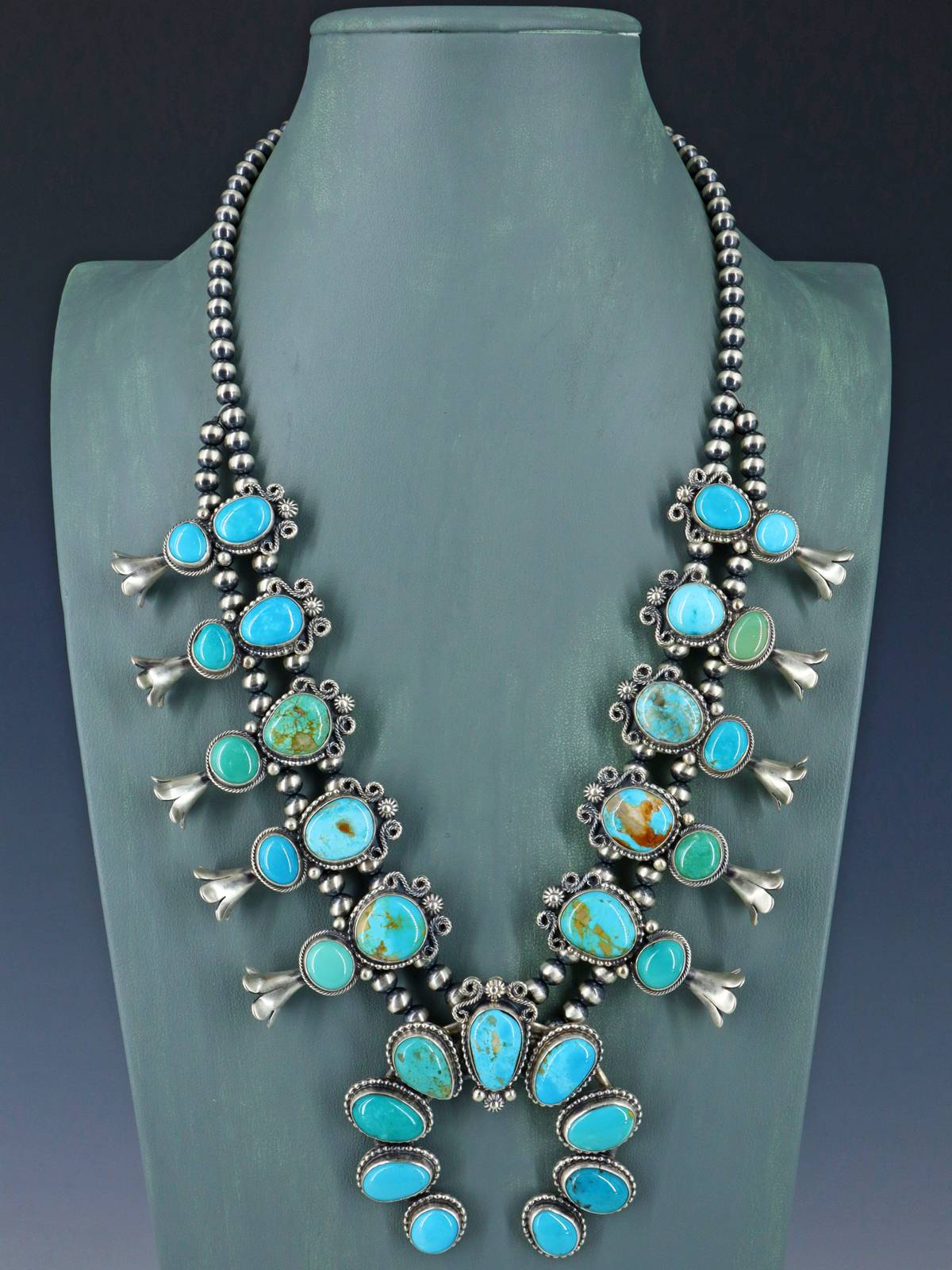 Navajo Blue and Green Turquoise Sterling Silver Squash Blossom Necklace Set