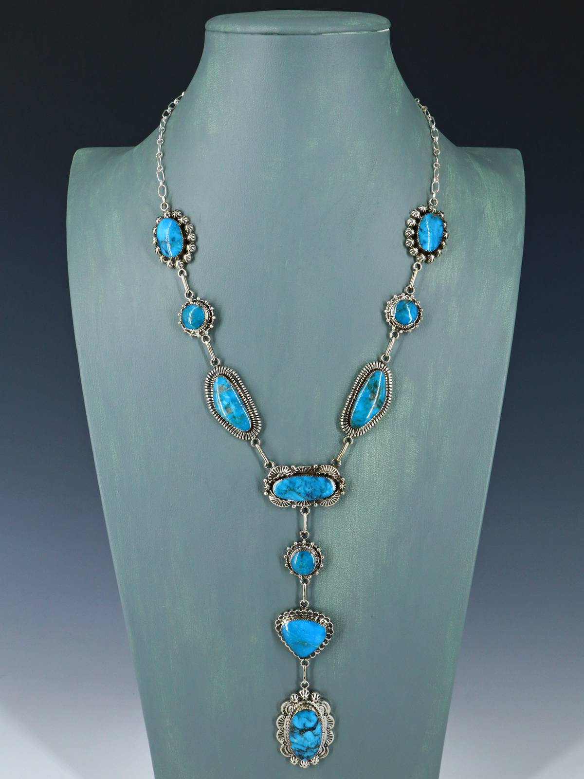 Native American Jewelry Sterling Silver Turquoise Lariat Necklace