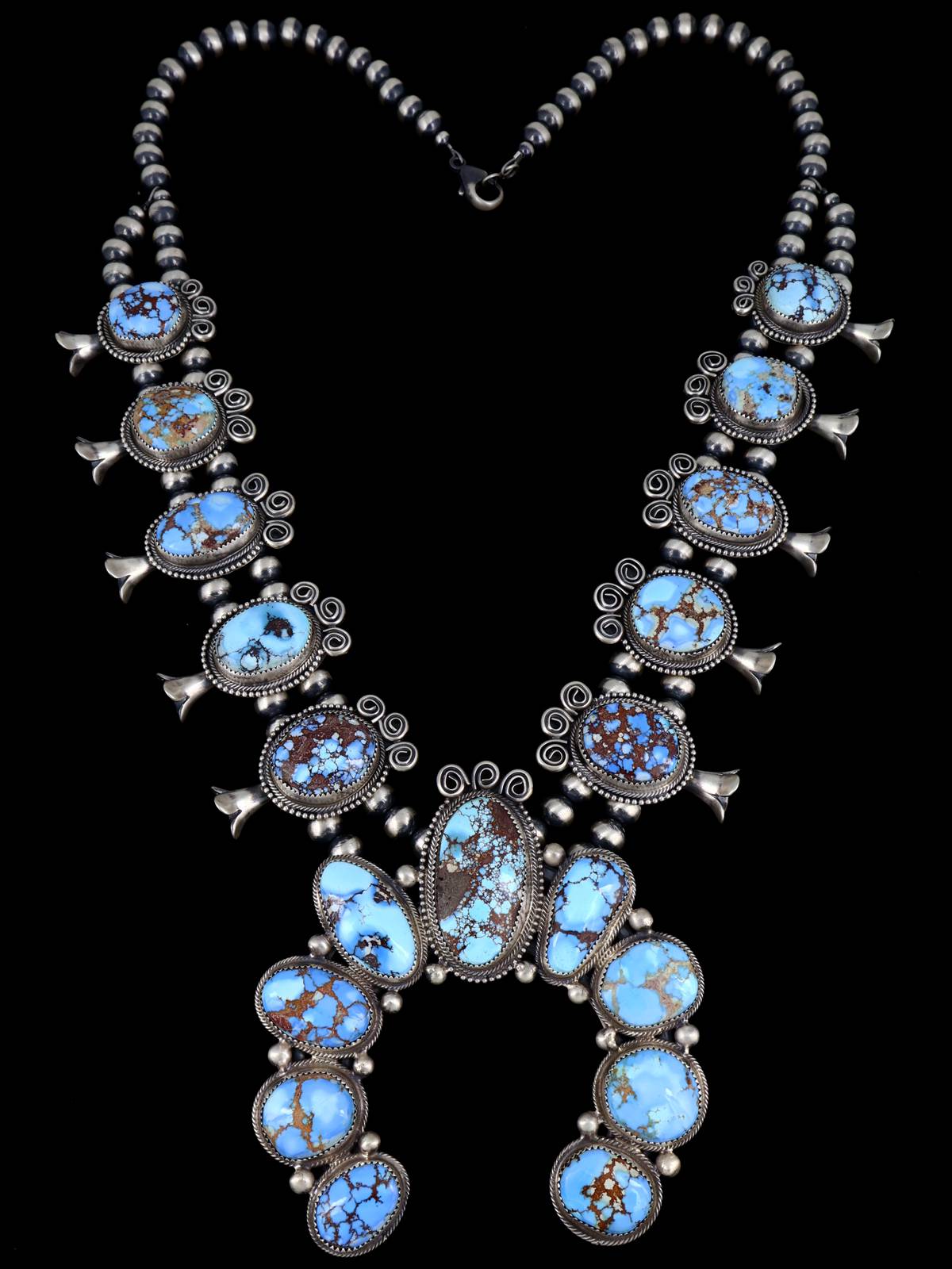 Navajo Sterling Silver Golden Hill Turquoise Squash Blossom Necklace - PuebloDirect.com