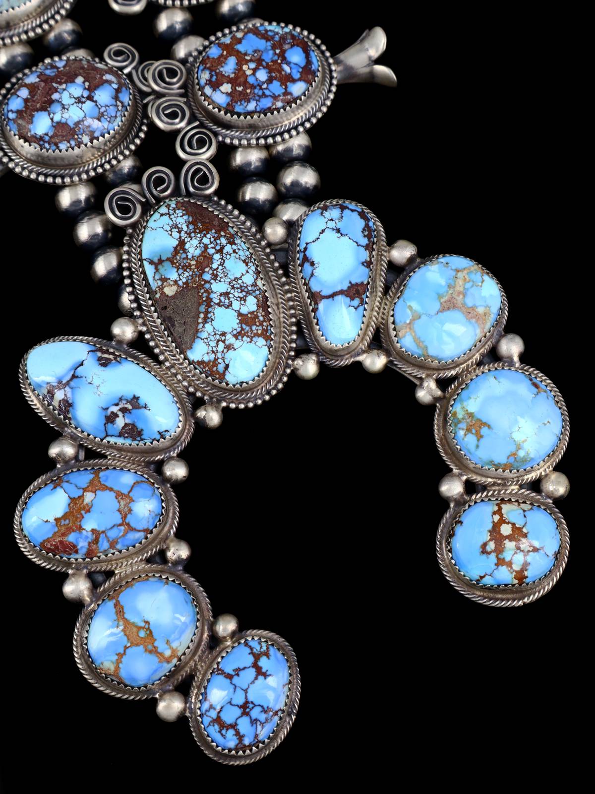 Navajo Sterling Silver Golden Hill Turquoise Squash Blossom Necklace - PuebloDirect.com