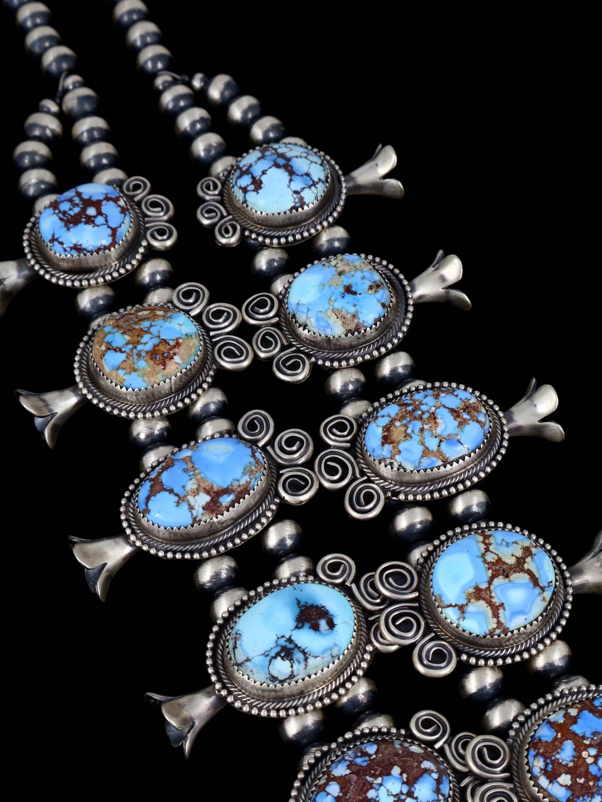 Navajo Sterling Silver Golden Hill Turquoise Squash Blossom Necklace - PuebloDirect.com