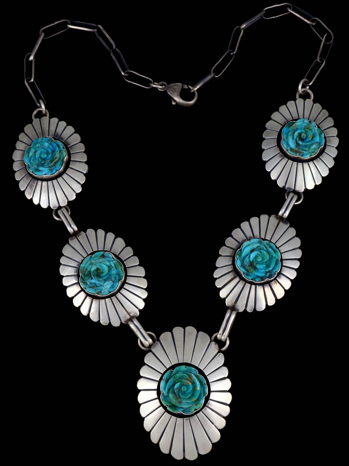 Navajo Jewelry Turquoise Carved Flowers Choker Necklace - PuebloDirect.com