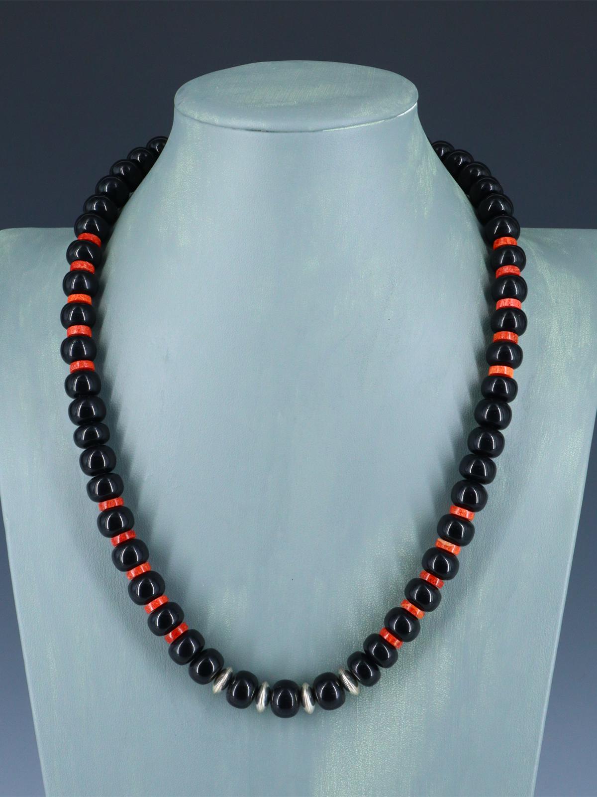 Santo Domingo Single Strand Onyx and Apple Coral Necklace - PuebloDirect.com
