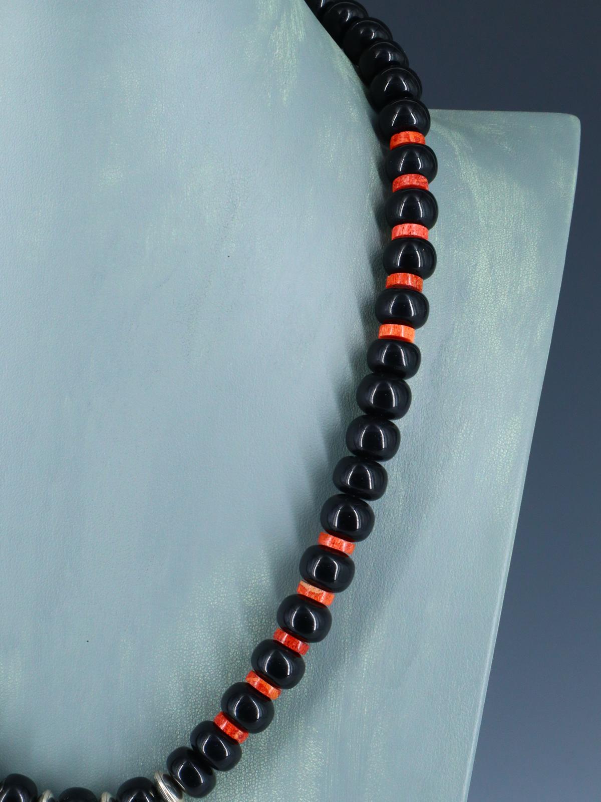 Santo Domingo Single Strand Onyx and Apple Coral Necklace - PuebloDirect.com