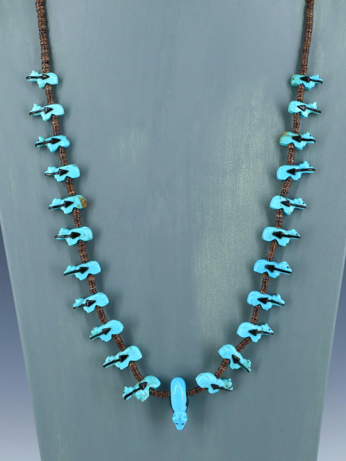 Native American Carved Zuni Fetish Turquoise Bear Necklace - PuebloDirect.com