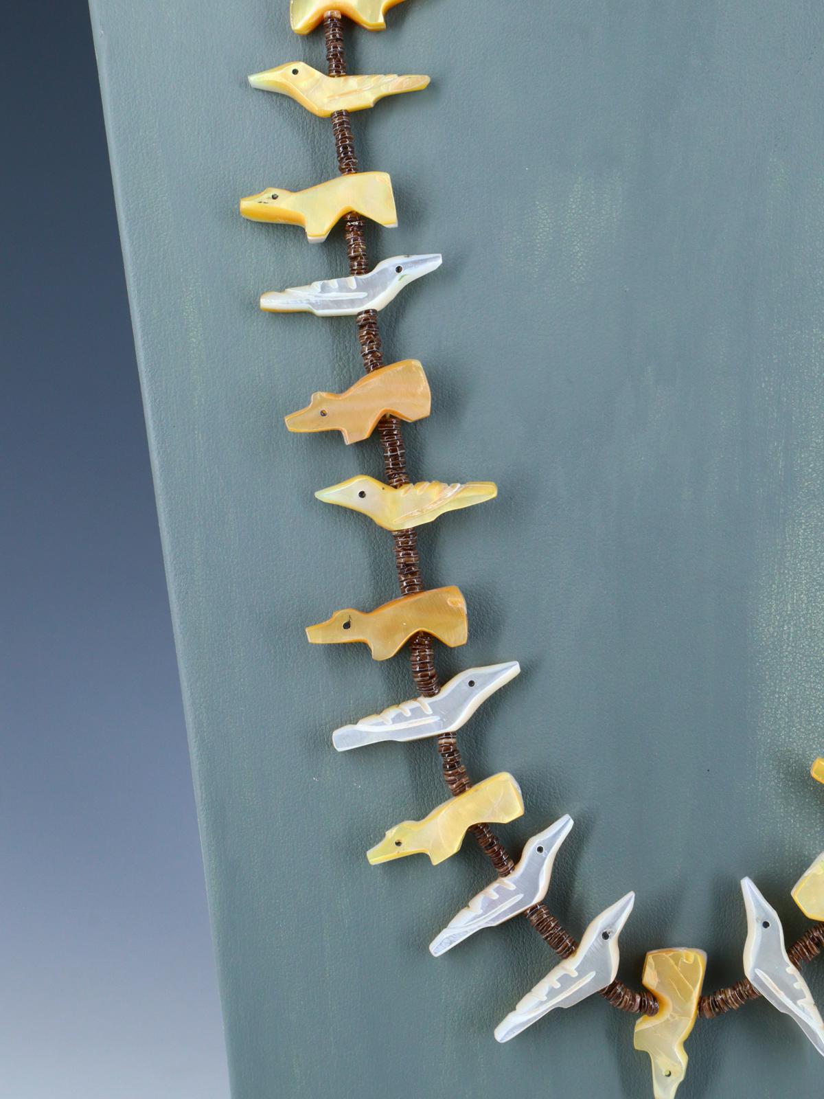 Native American Mother of Pearl Zuni Fetish Carved Bird Necklace - PuebloDirect.com