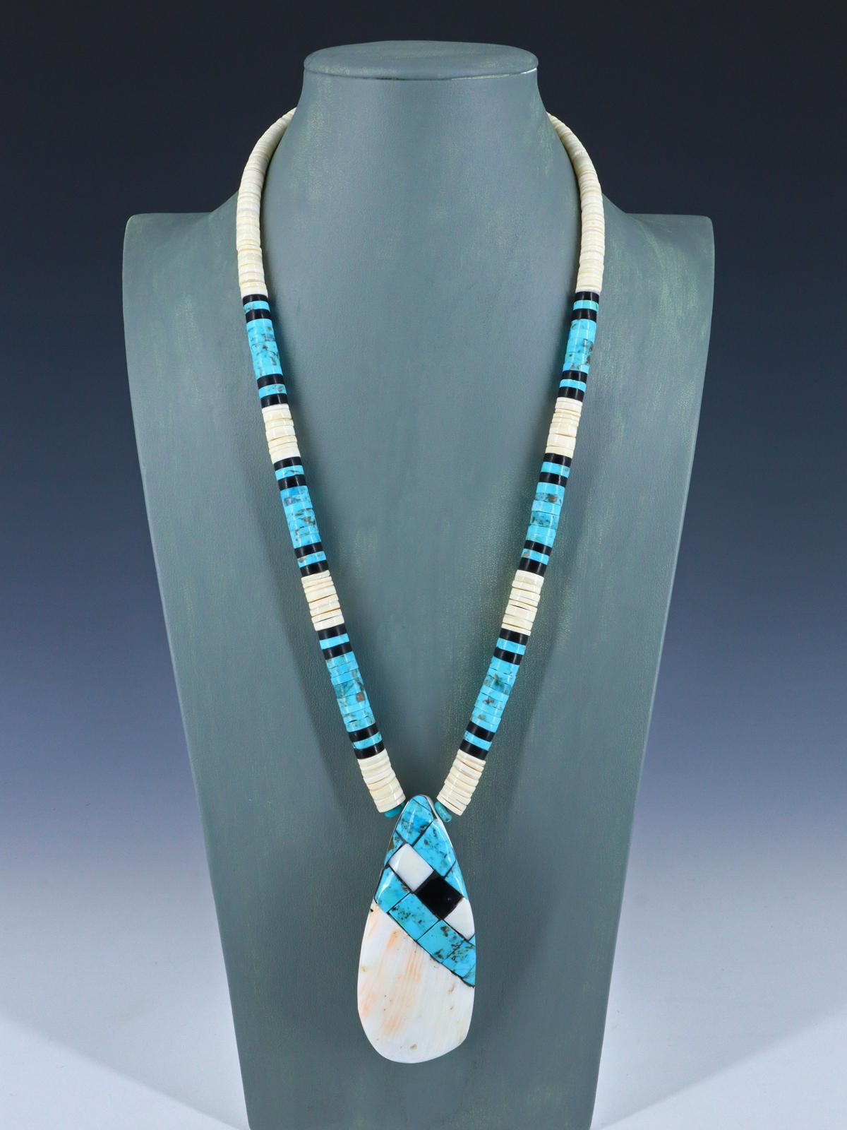 Native American Santo Domingo Turquoise and White Shell Necklace