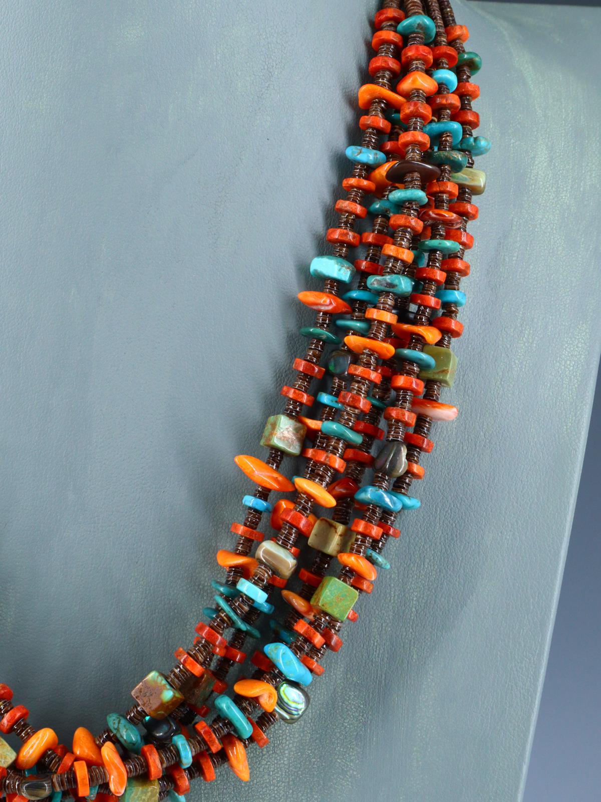 Native American Jewelry Six Strand Turquoise and Spiny Oyster Necklace