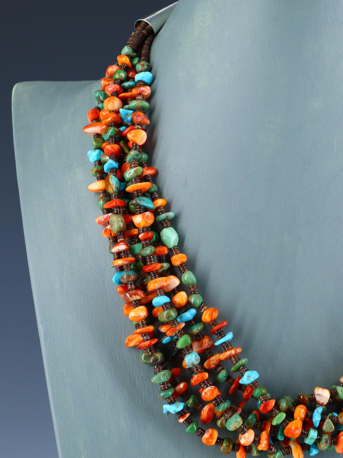 Native American Jewelry Six Strand Turquoise and Spiny Oyster Necklace