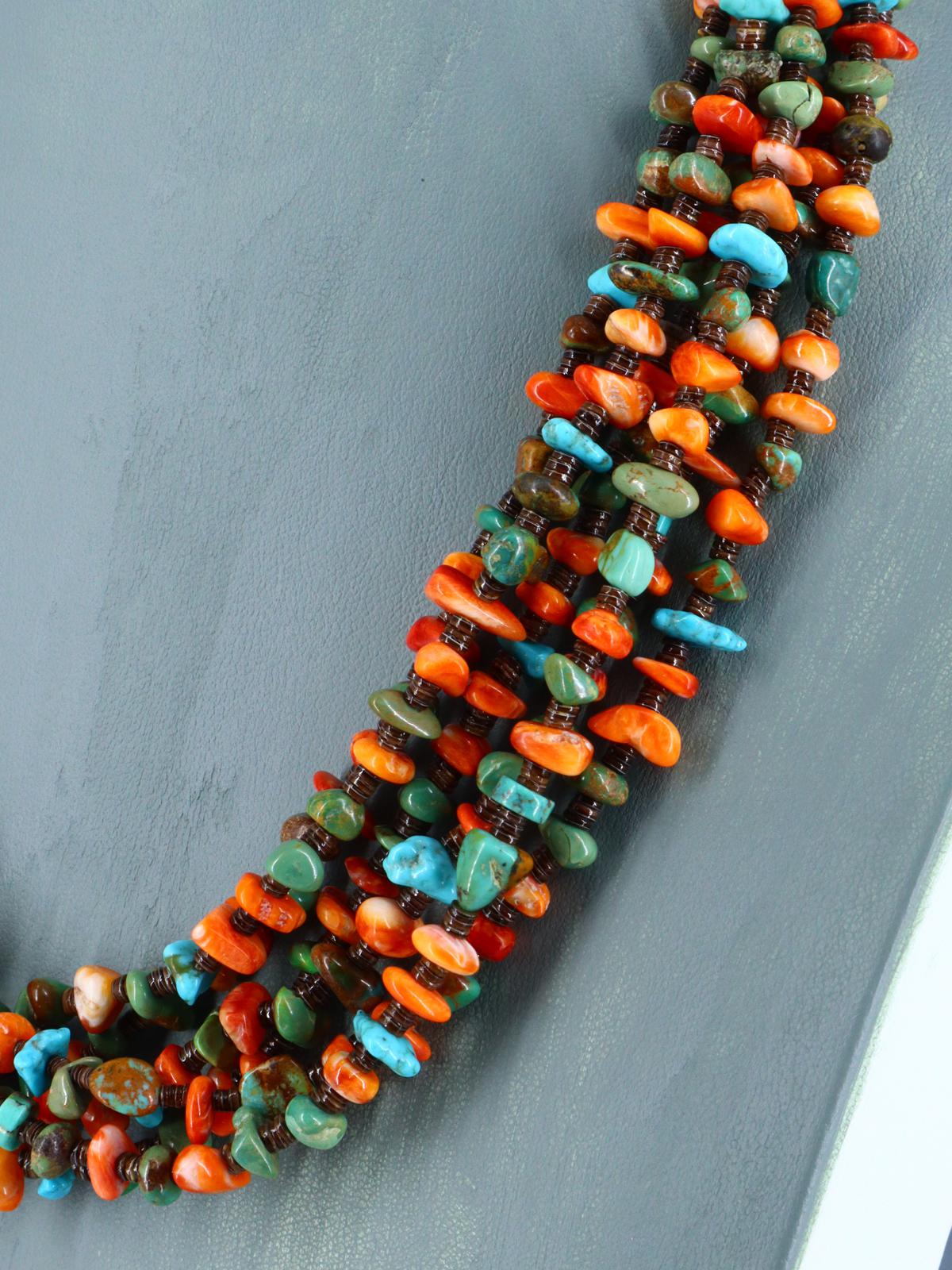 Native American Jewelry Six Strand Turquoise and Spiny Oyster Necklace