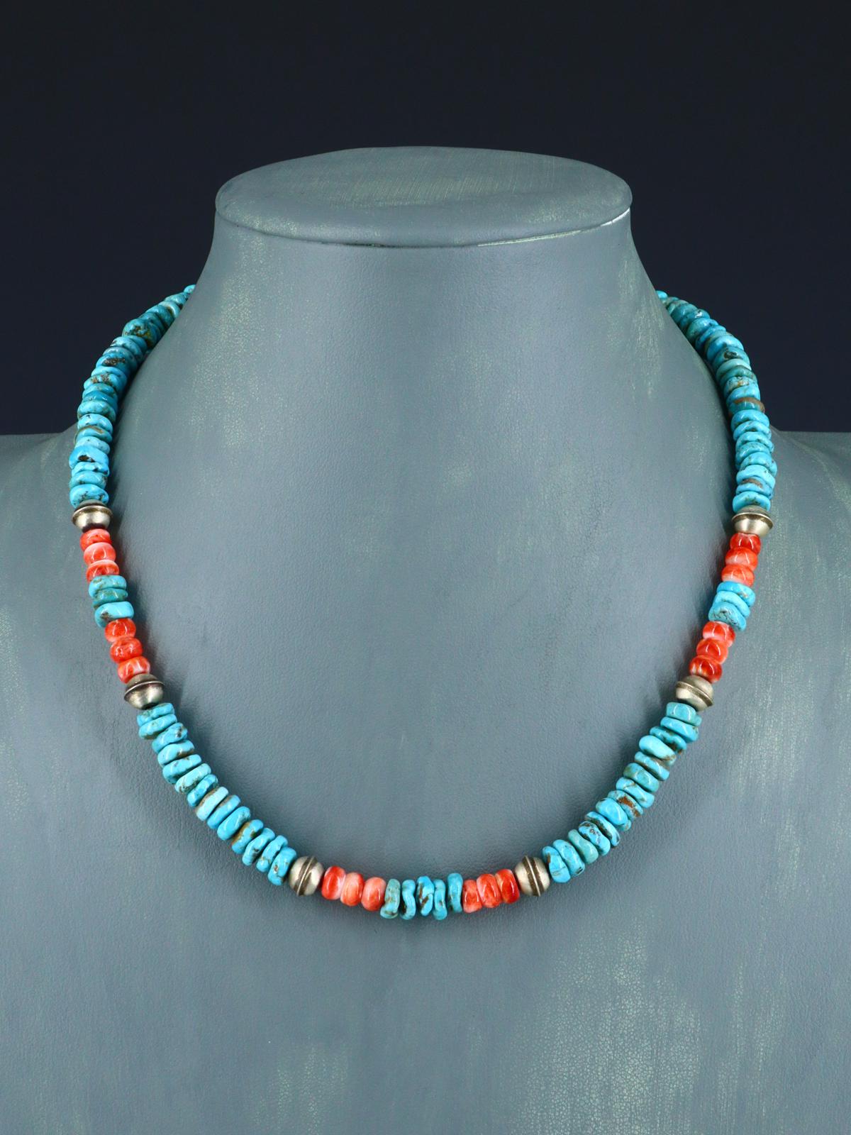 Native American Jewelry Single Strand Turquoise and Spiny Oyster Necklace