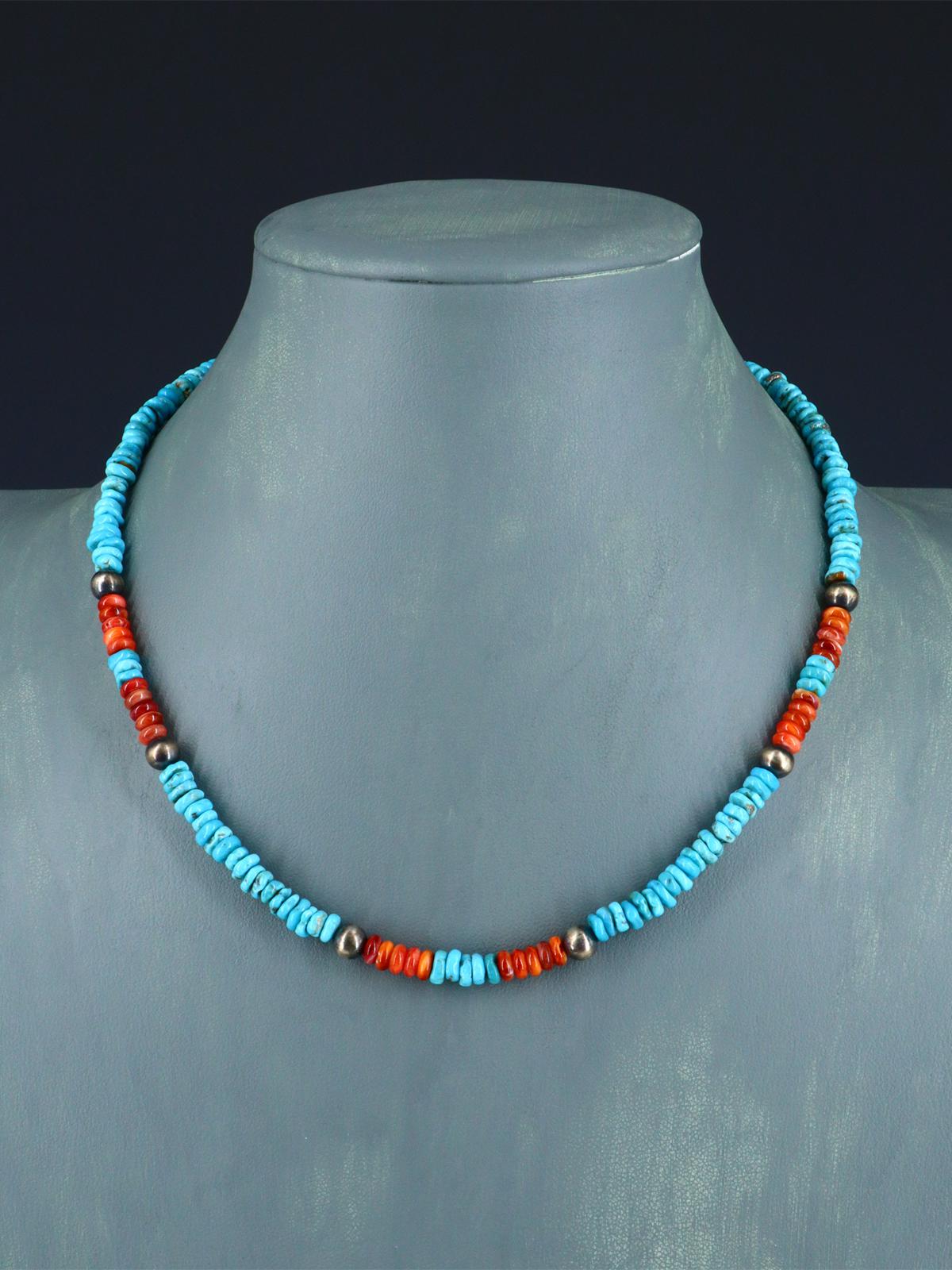 Native American Jewelry Single Strand Turquoise and Spiny Oyster Necklace