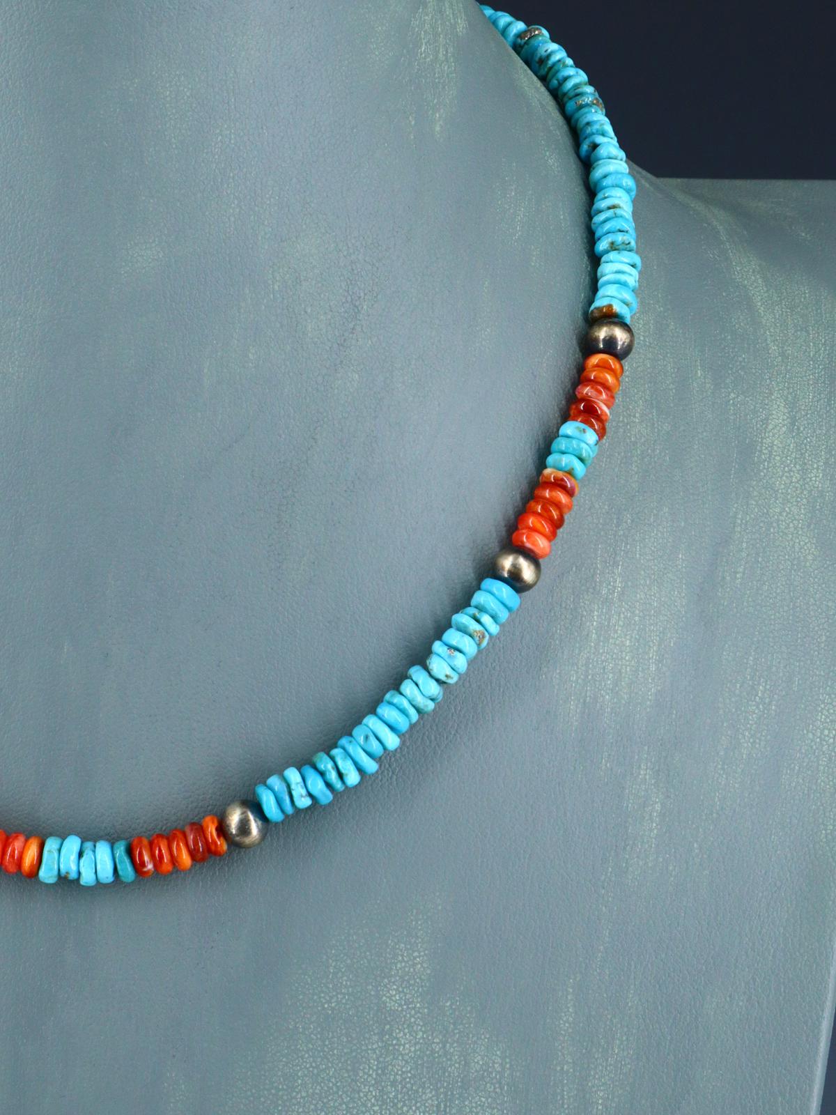 Native American Jewelry Single Strand Turquoise and Spiny Oyster Necklace