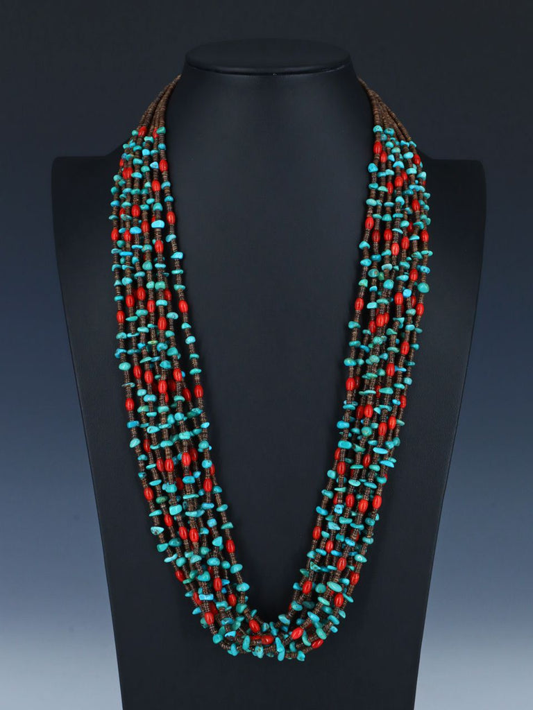 Native American Coral and Turquoise Ten Strand Necklace - PuebloDirect.com