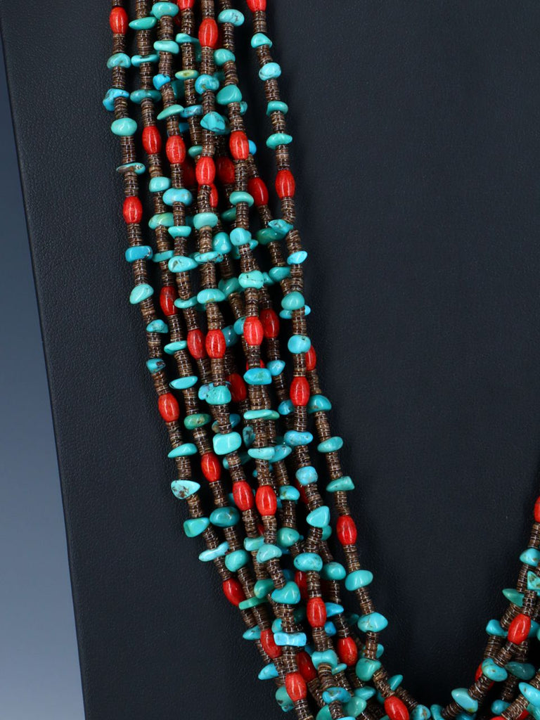 Native American Coral and Turquoise Ten Strand Necklace - PuebloDirect.com