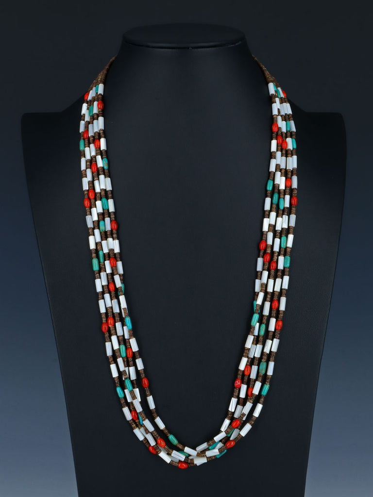 Native American Turquoise Heishi and Coral 5 Strand Necklace - PuebloDirect.com