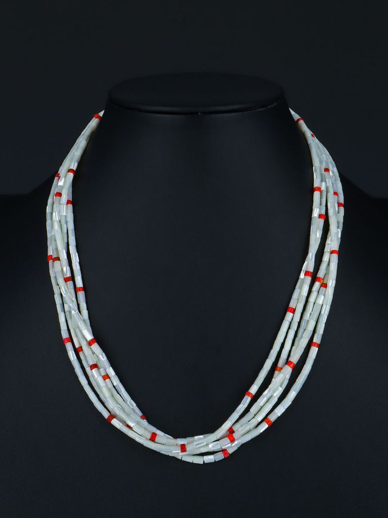 Native American Five Strand Mother of Pearl and Apple Coral Necklace - PuebloDirect.com