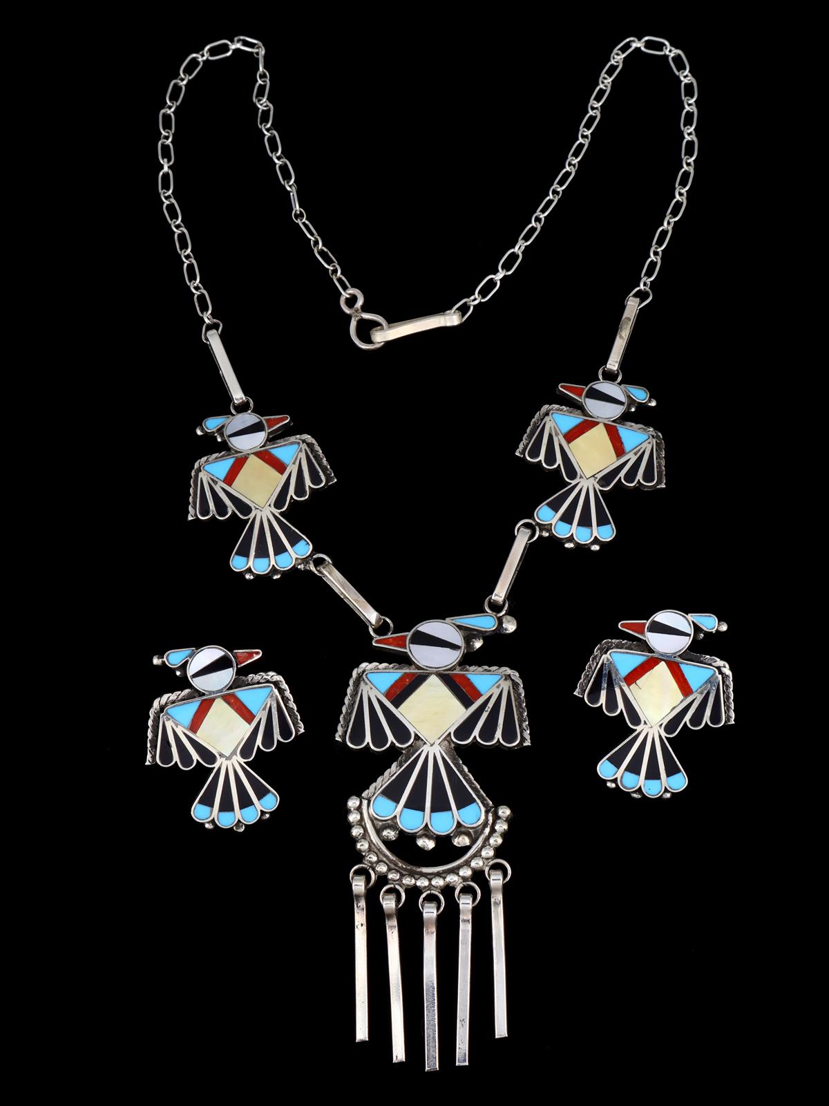 Sterling Silver Native American Zuni Inlay Thunderbird Necklace Set