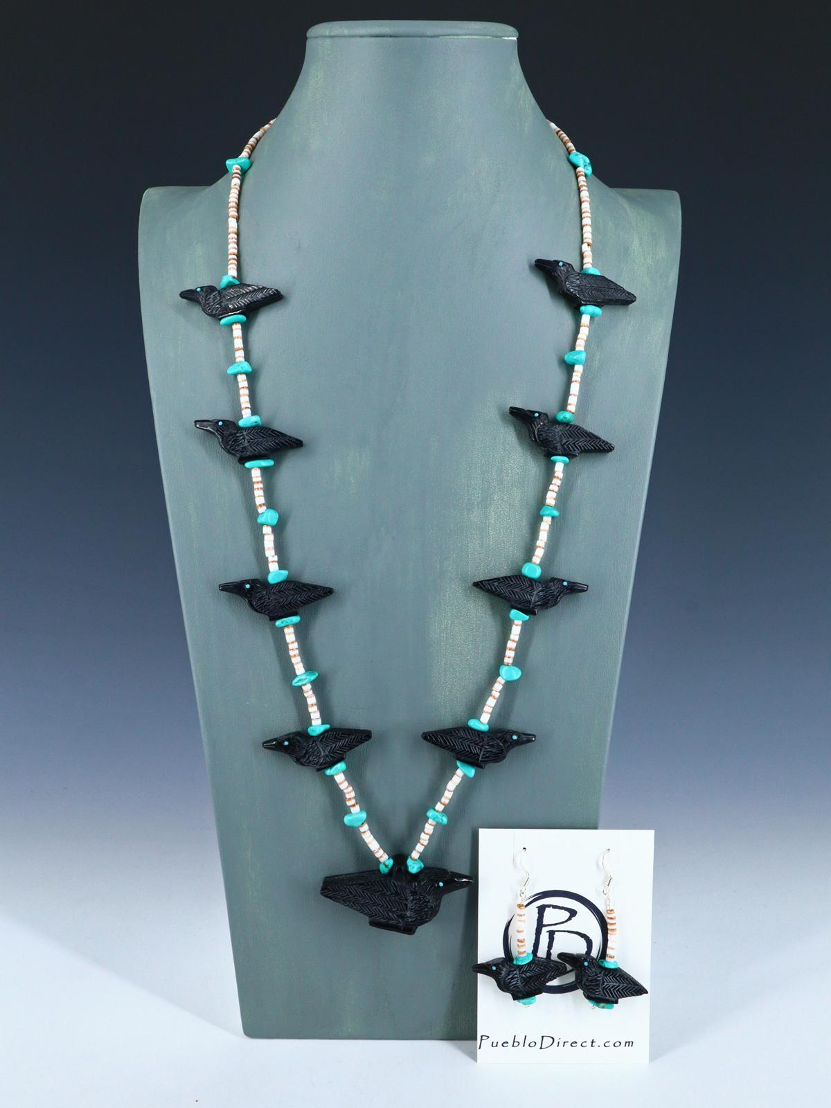 Native American Black Jet Zuni Fetish Carved Bird Necklace Set