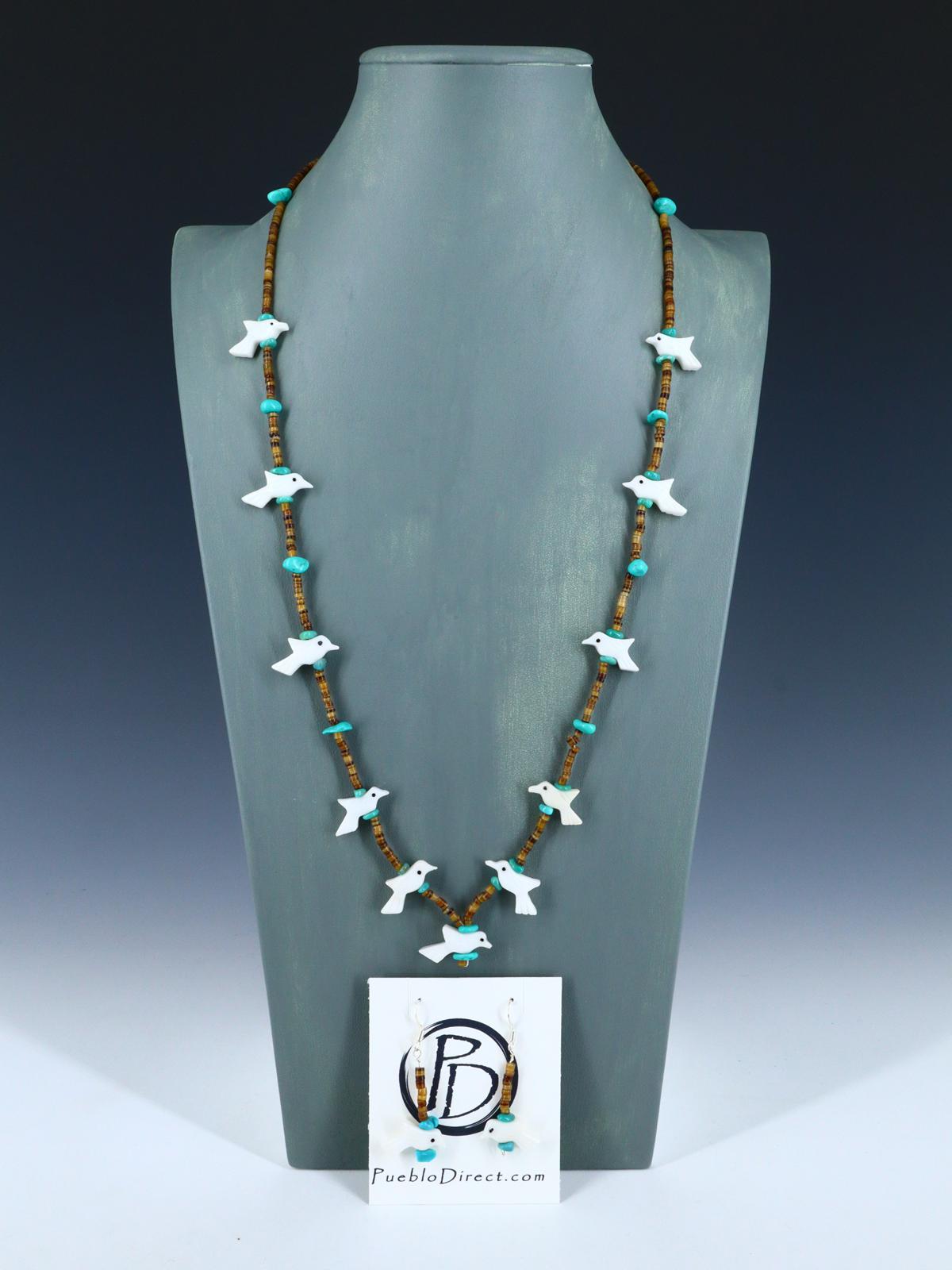 Native American White Marble Zuni Fetish Carved Bird Necklace Set