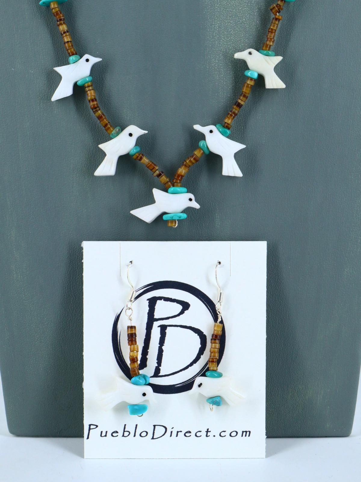 Native American White Marble Zuni Fetish Carved Bird Necklace Set