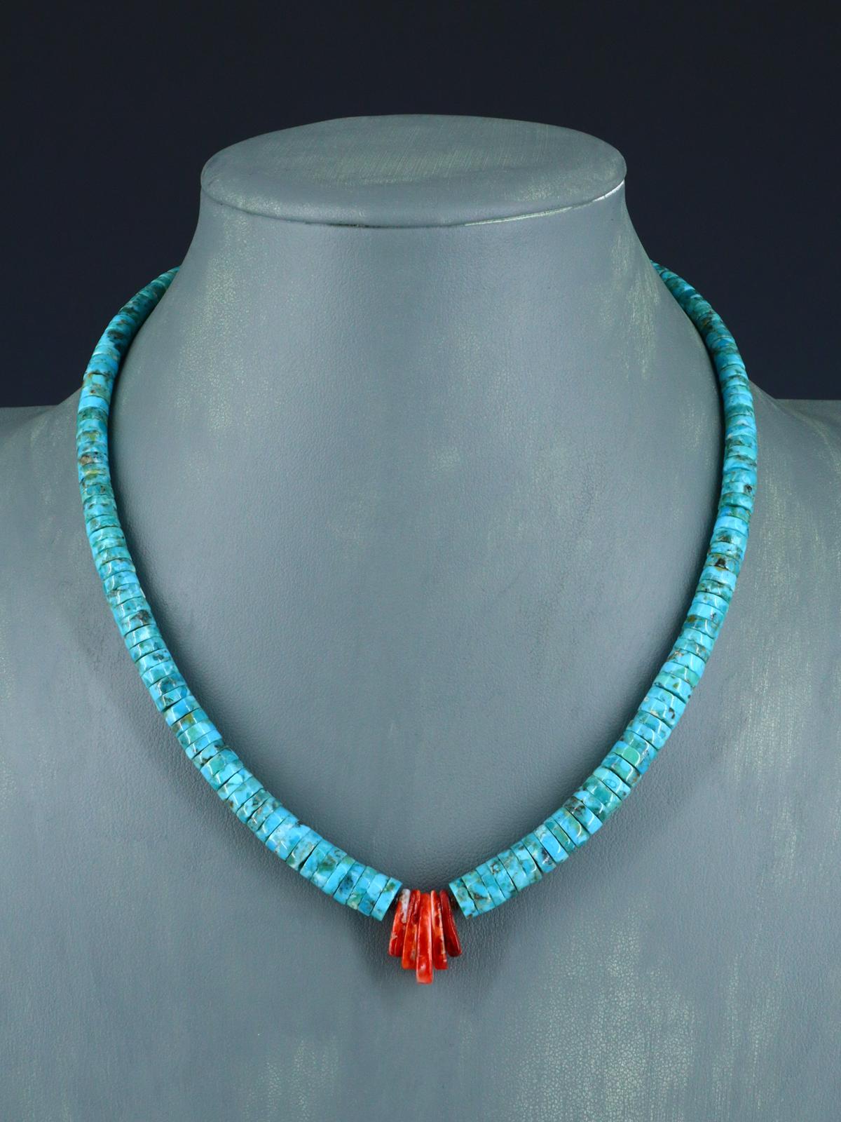Native American Jewelry Single Strand Turquoise and Spiny Oyster Necklace - PuebloDirect.com