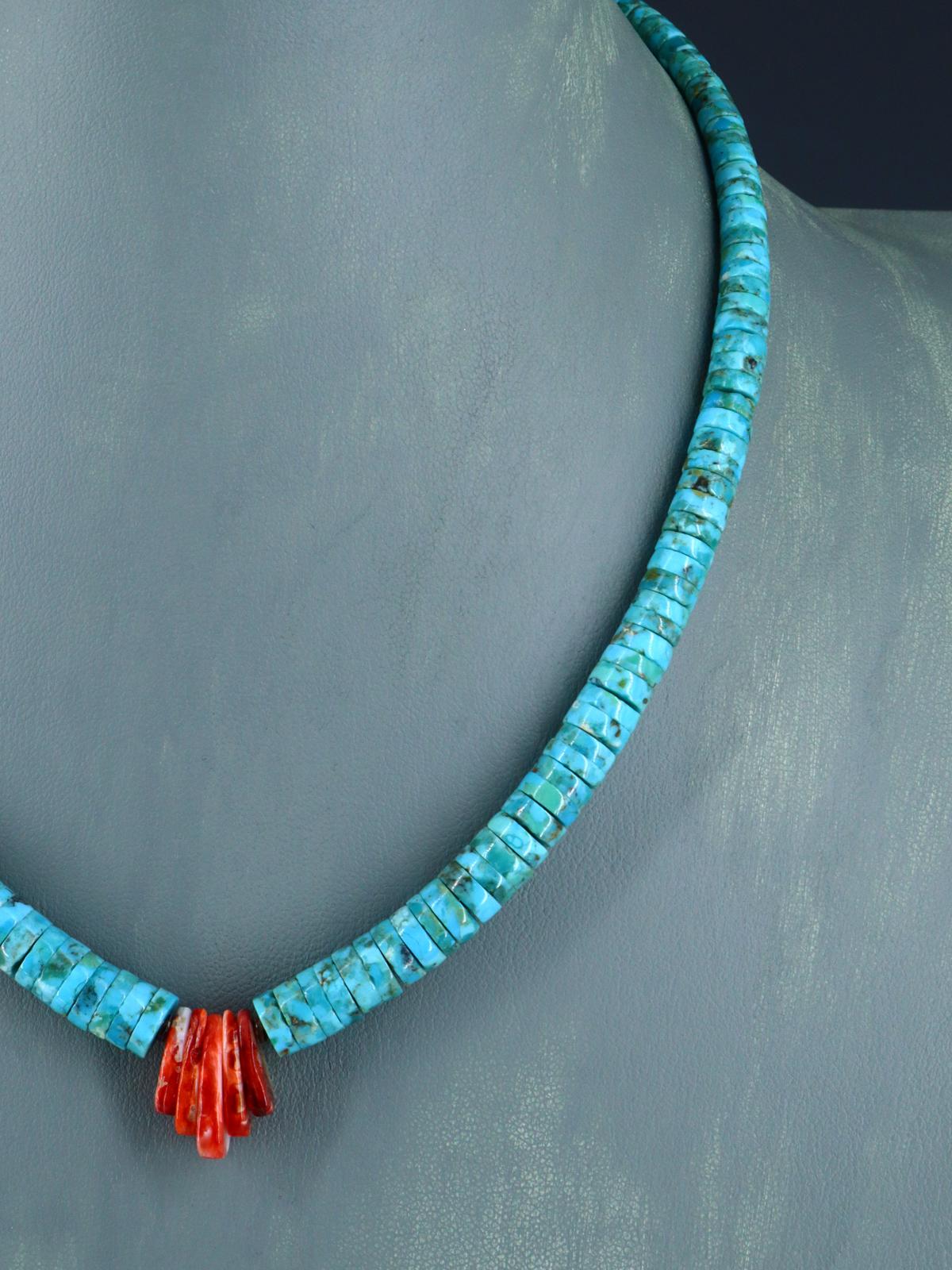 Native American Jewelry Single Strand Turquoise and Spiny Oyster Necklace - PuebloDirect.com