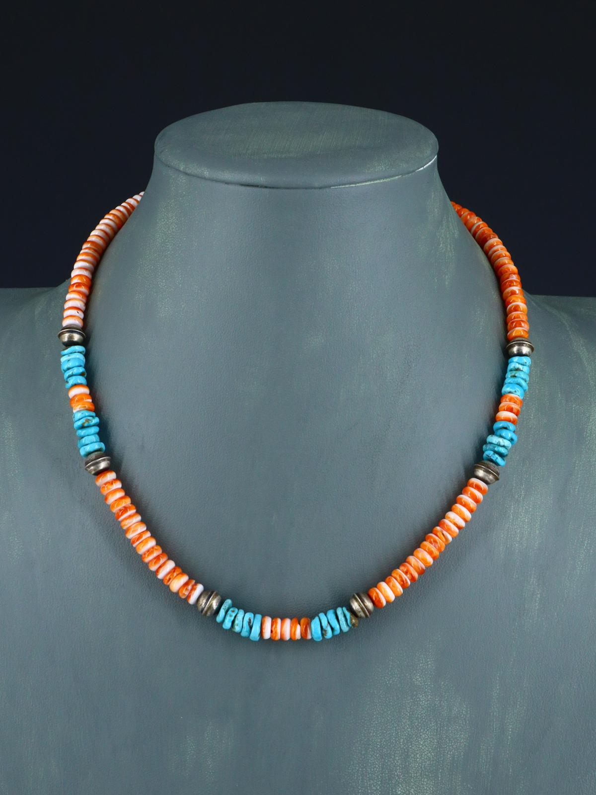 Navajo Jewelry Single Strand Turquoise and Spiny Oyster Necklace - PuebloDirect.com